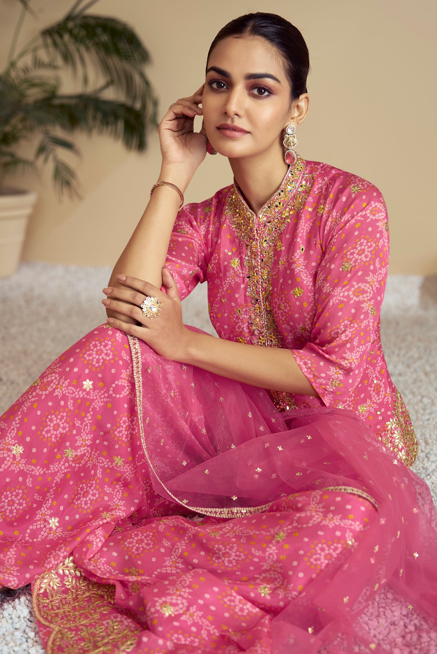 Pink Digital Chinon Sharara Suit &amp; Mirror Work &amp; Embroidered Dupatta