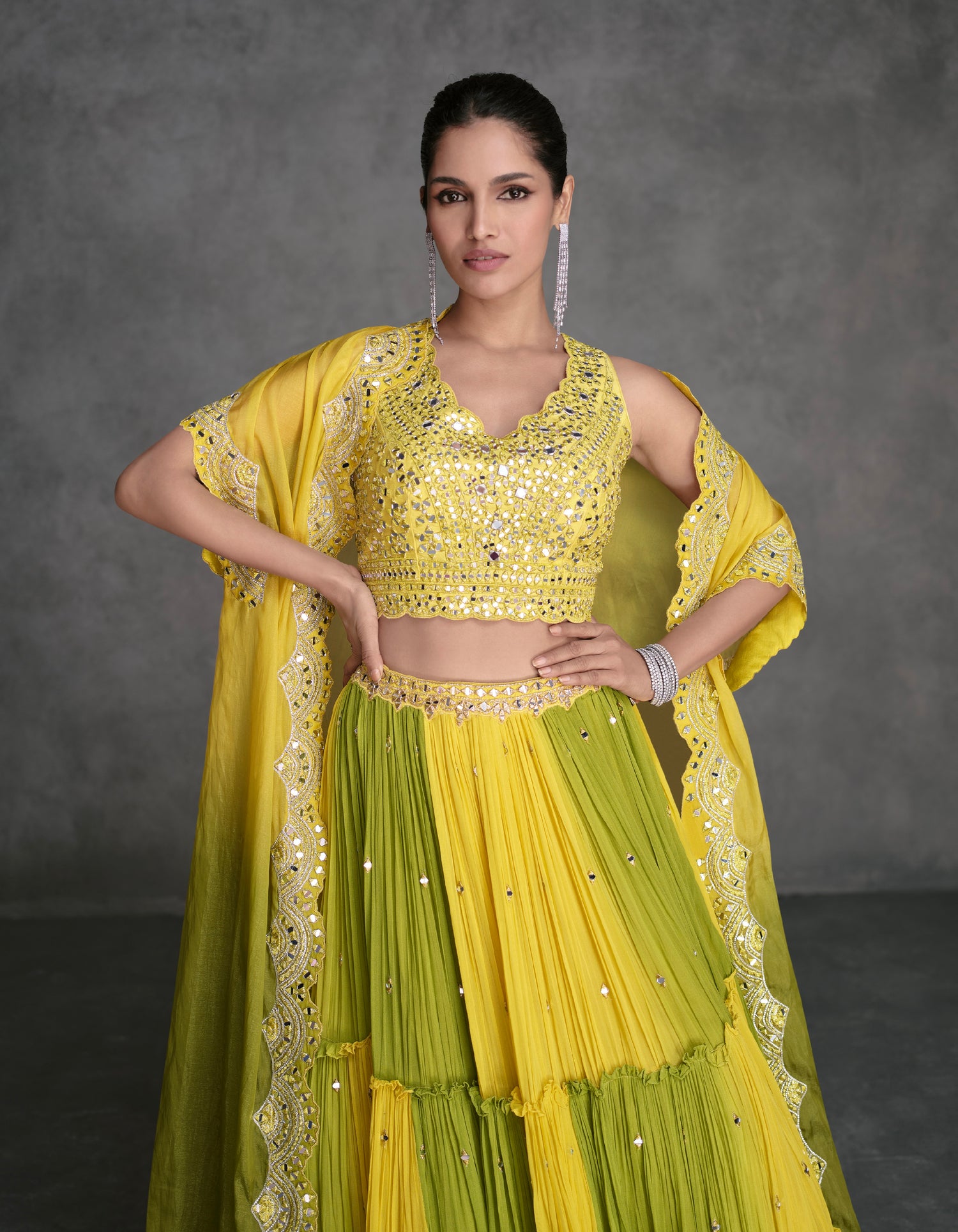 Yellow &amp; Lime Green Sharara Suit in Organza Silk with Mirror Work