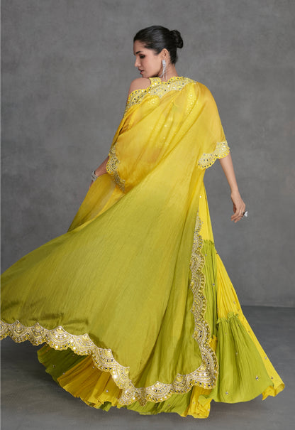 Yellow &amp; Lime Green Sharara Suit in Organza Silk with Mirror Work