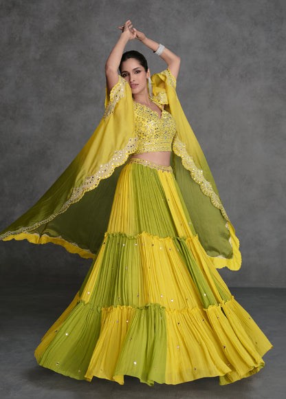 Yellow &amp; Lime Green Sharara Suit in Organza Silk with Mirror Work