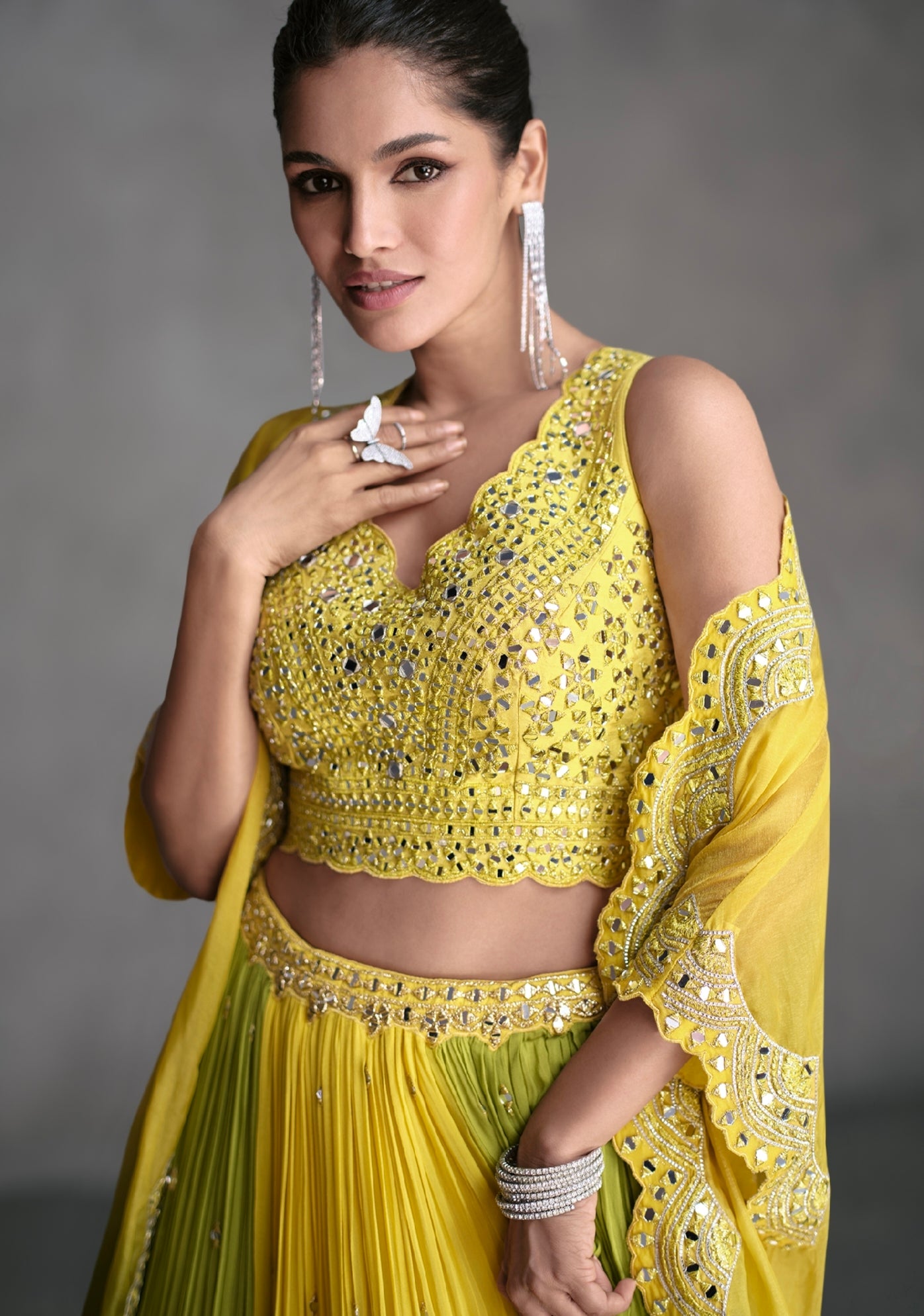 Yellow &amp; Lime Green Sharara Suit in Organza Silk with Mirror Work