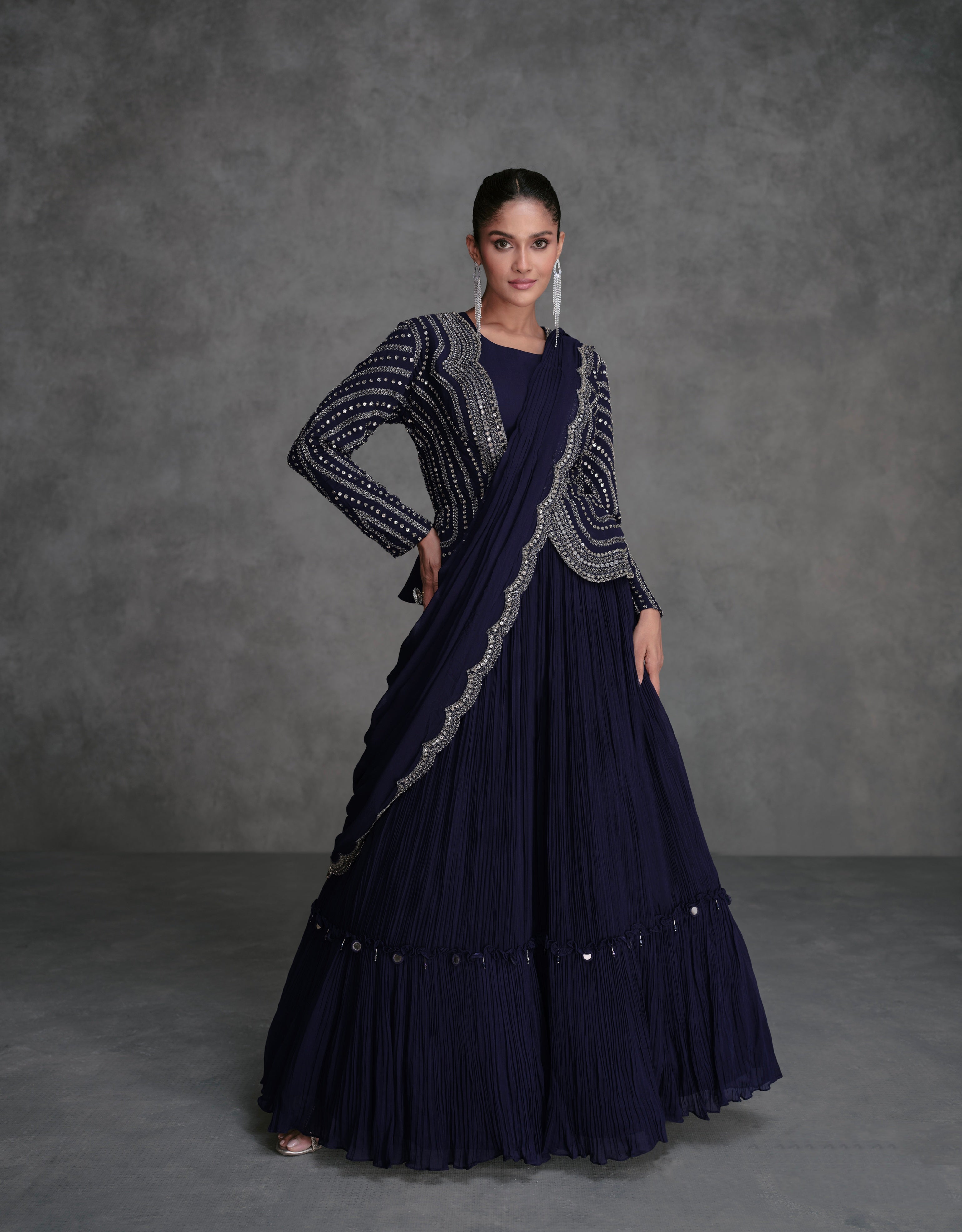 Navy Blue Georgette Sharara Suit with Silver Embroidery &amp; Cancan