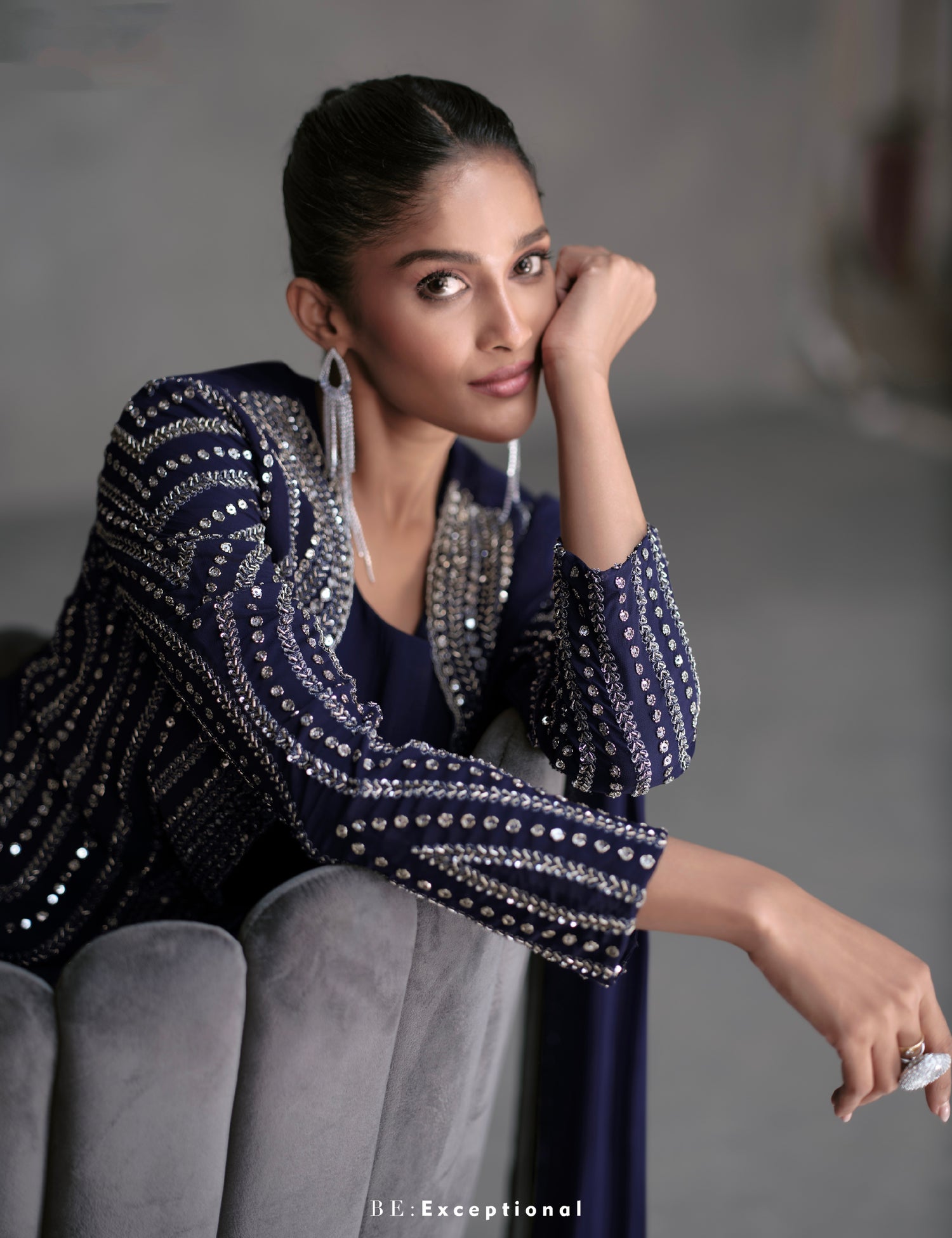 Navy Blue Georgette Sharara Suit with Silver Embroidery &amp; Cancan