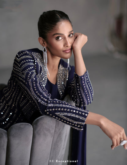 Navy Blue Georgette Sharara Suit with Silver Embroidery &amp; Cancan