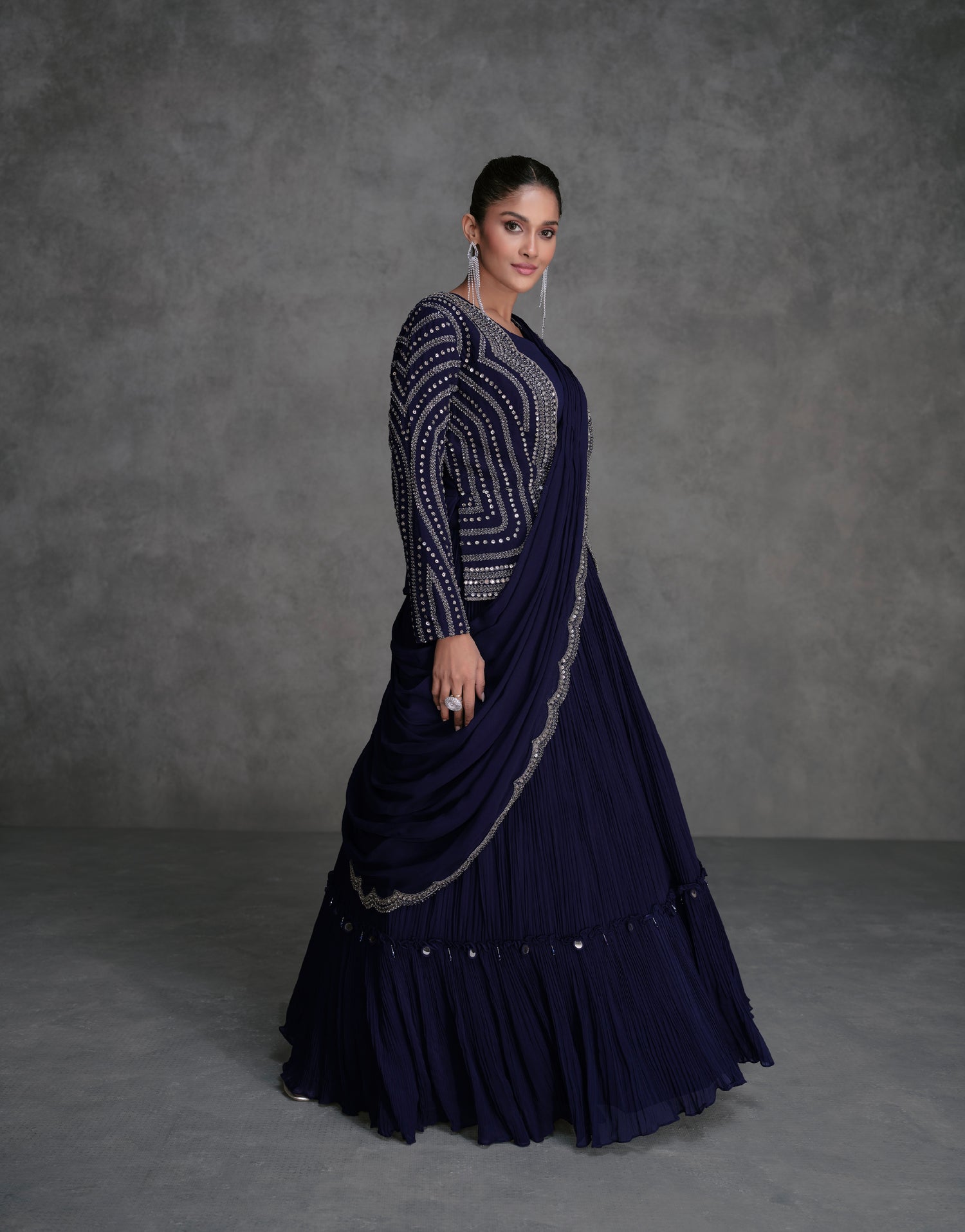 Navy Blue Georgette Sharara Suit with Silver Embroidery &amp; Cancan
