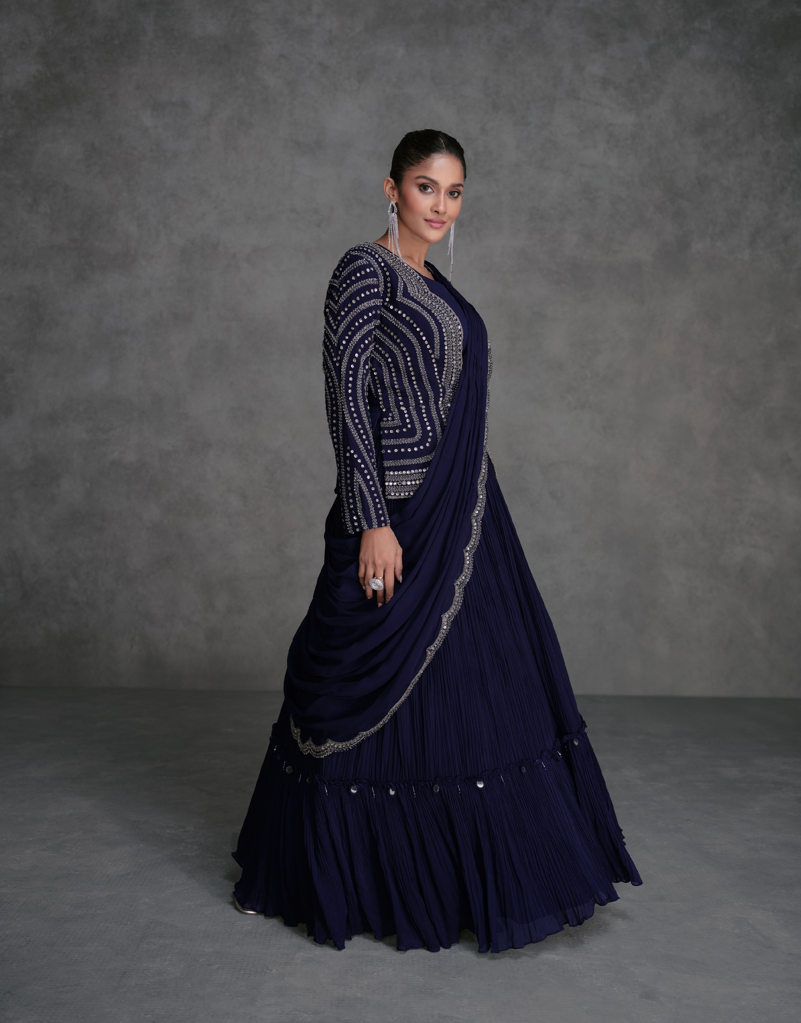 Navy Blue Georgette Sharara Suit with Silver Embroidery &amp; Cancan