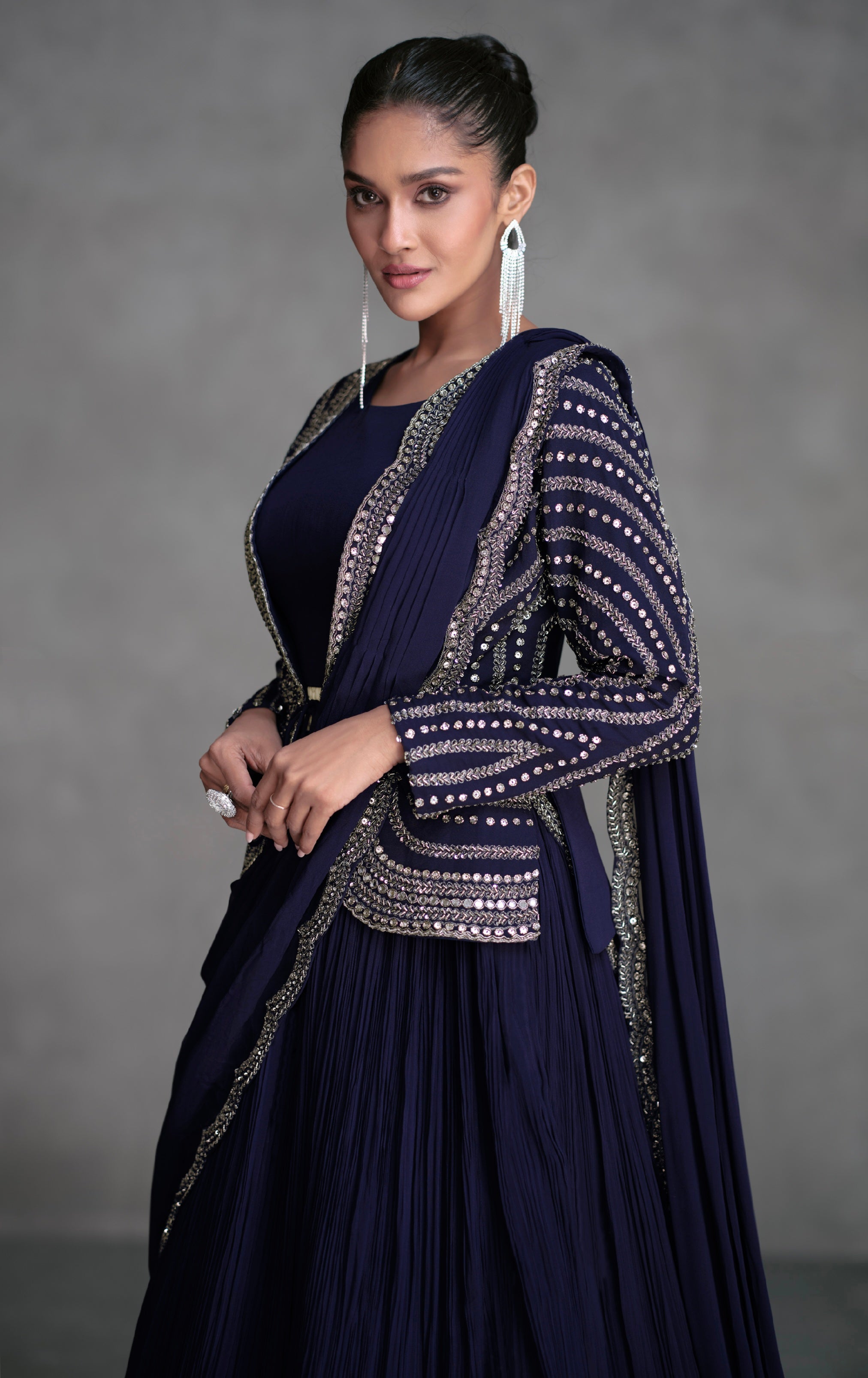 Navy Blue Georgette Sharara Suit with Silver Embroidery &amp; Cancan