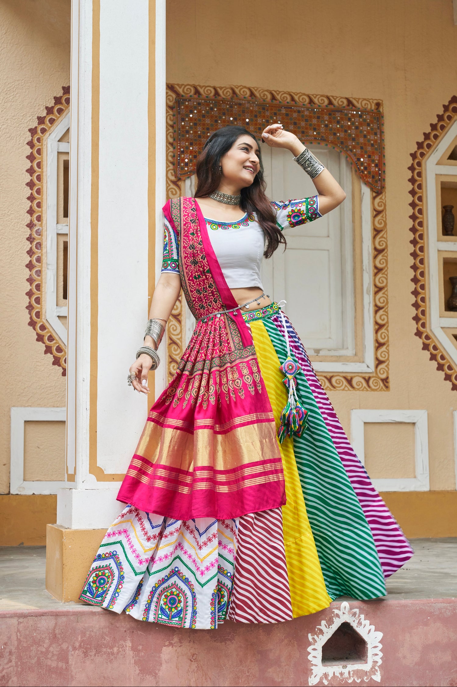 White &amp; Pink Maslin Cotton Chaniya Choli Embroidered &amp; Dupatta for Navratri