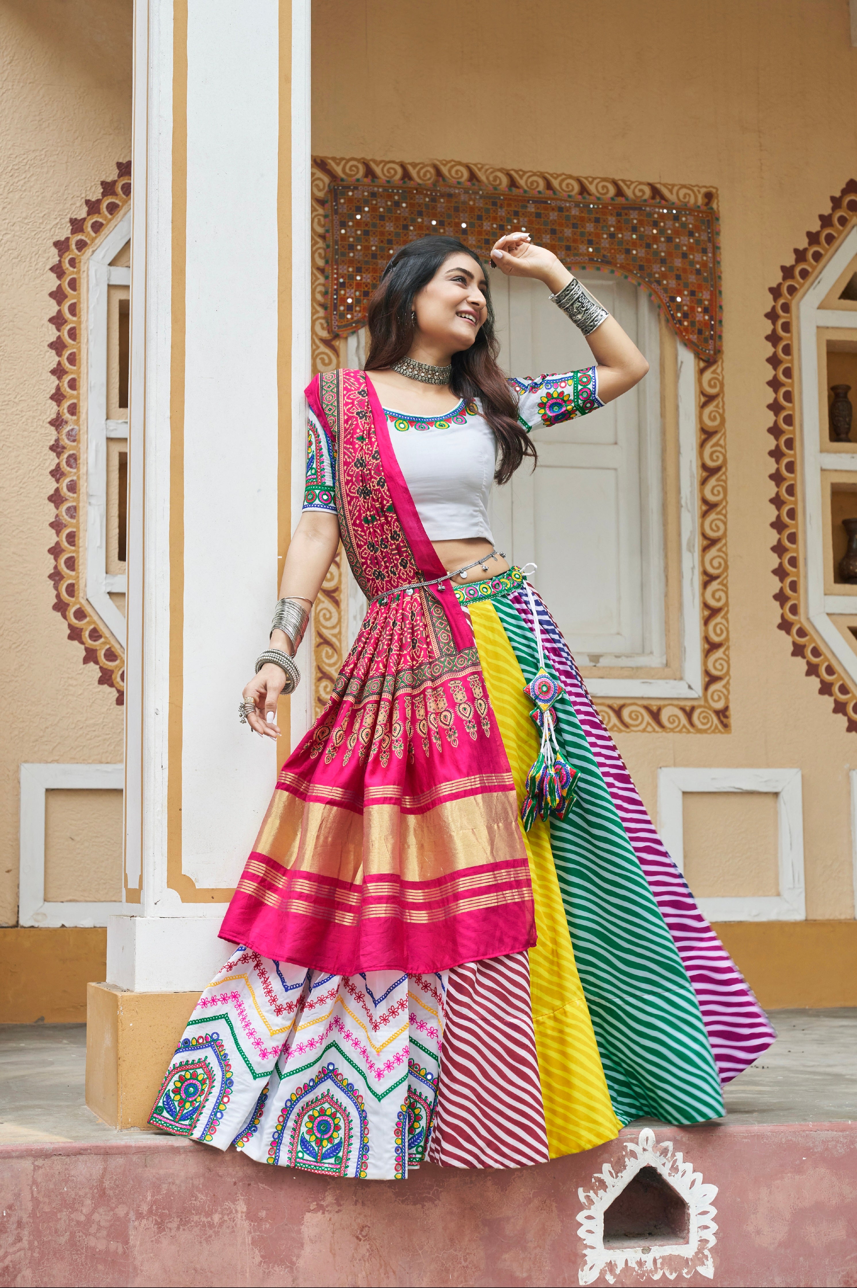White &amp; Pink Maslin Cotton Chaniya Choli Embroidered &amp; Dupatta for Navratri