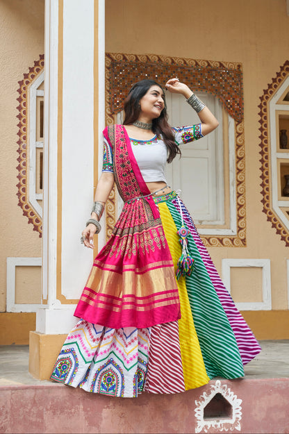 White &amp; Pink Maslin Cotton Chaniya Choli Embroidered &amp; Dupatta for Navratri