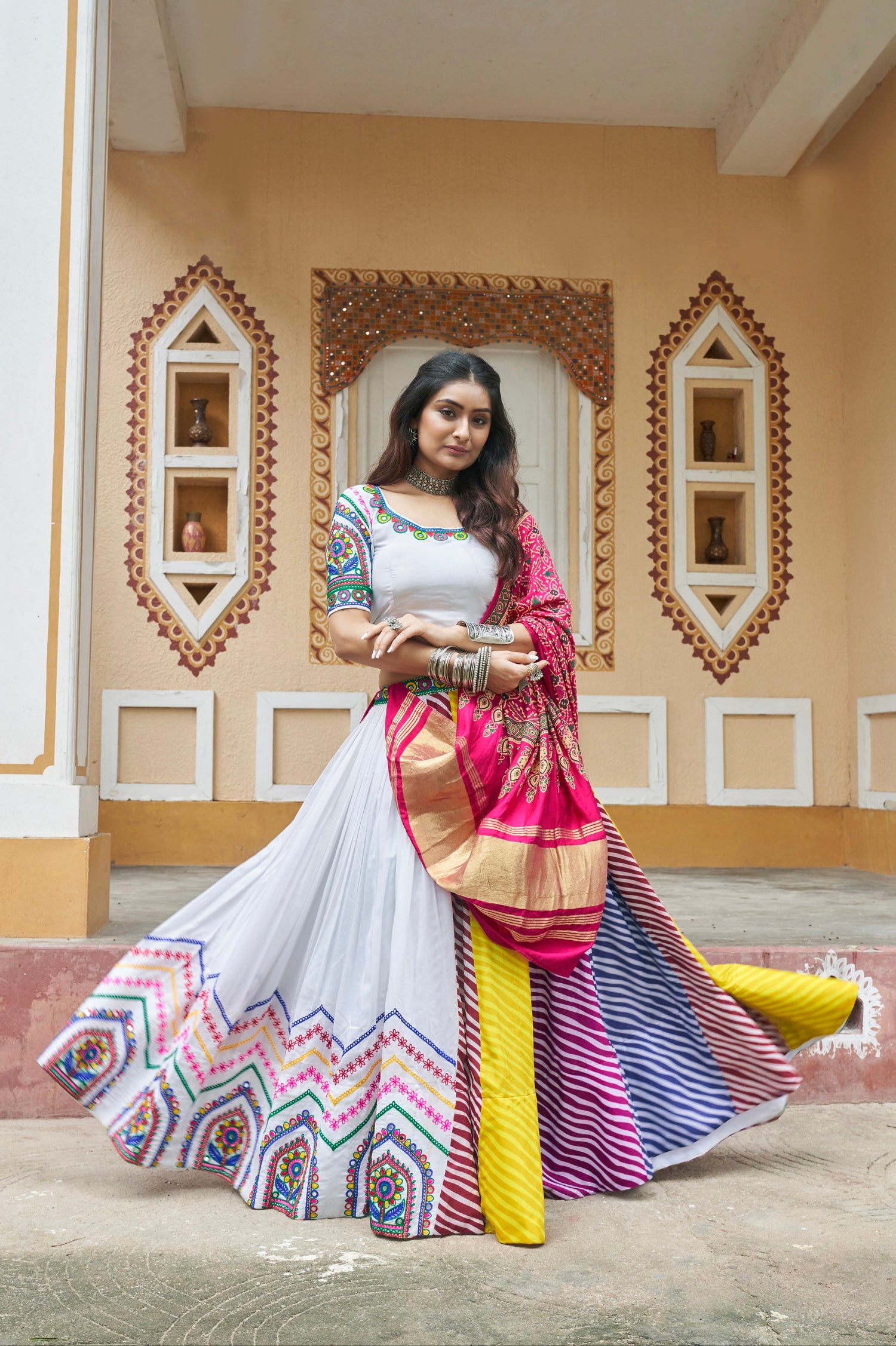 White &amp; Pink Maslin Cotton Chaniya Choli Embroidered &amp; Dupatta for Navratri