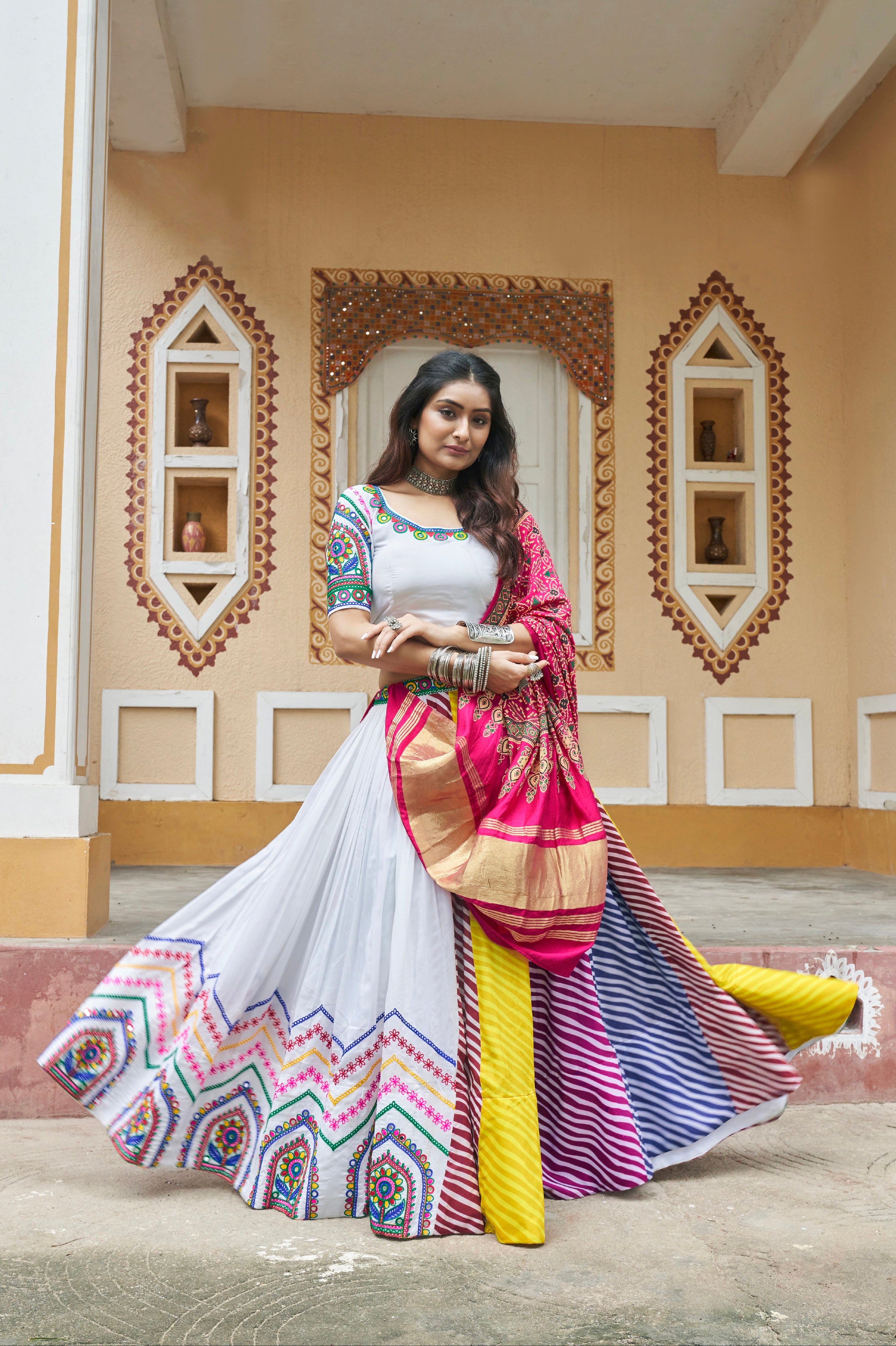 White &amp; Pink Maslin Cotton Chaniya Choli Embroidered &amp; Dupatta for Navratri