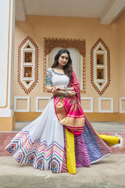 White &amp; Pink Maslin Cotton Chaniya Choli Embroidered &amp; Dupatta for Navratri