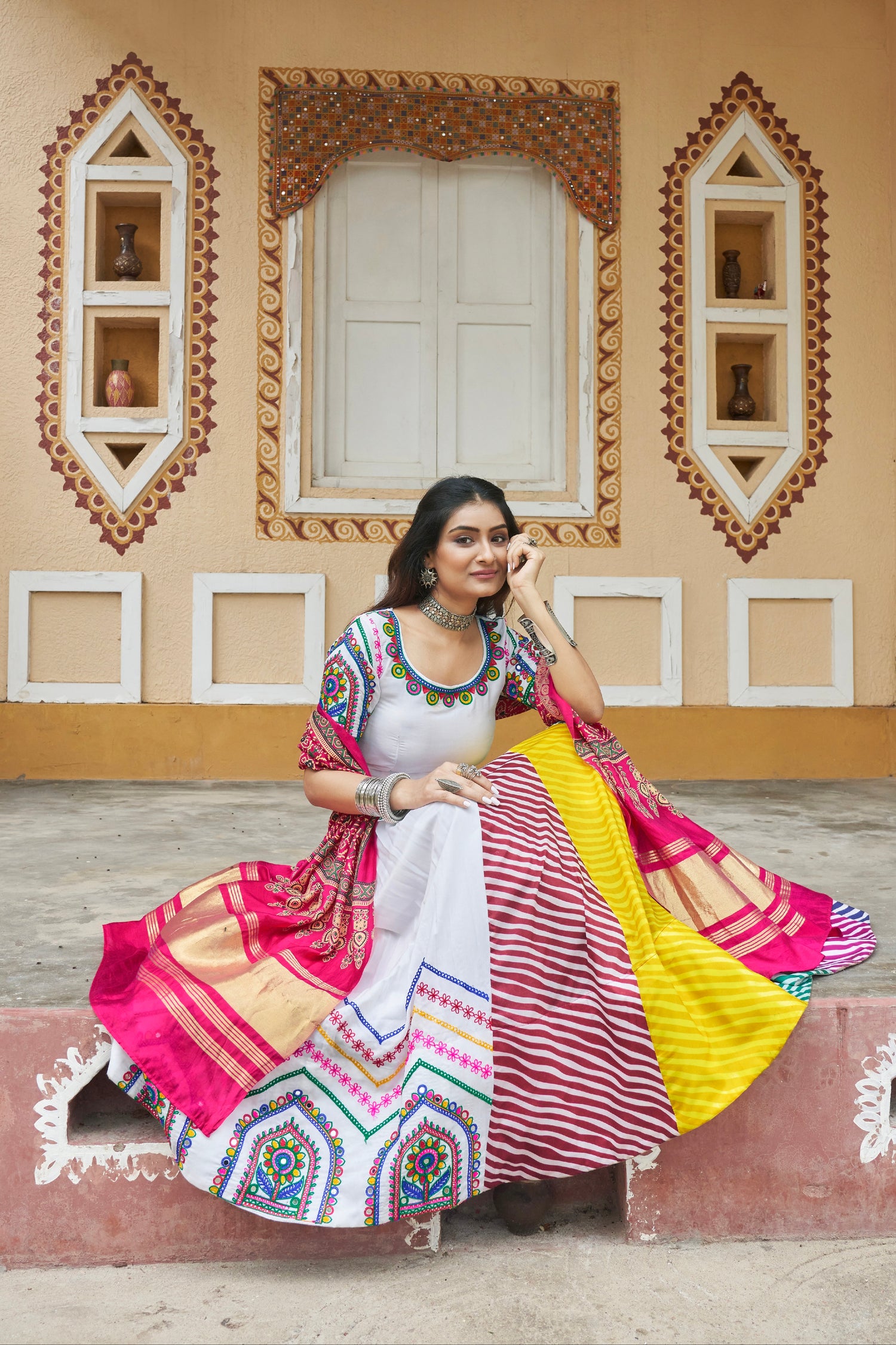 White &amp; Pink Maslin Cotton Chaniya Choli Embroidered &amp; Dupatta for Navratri