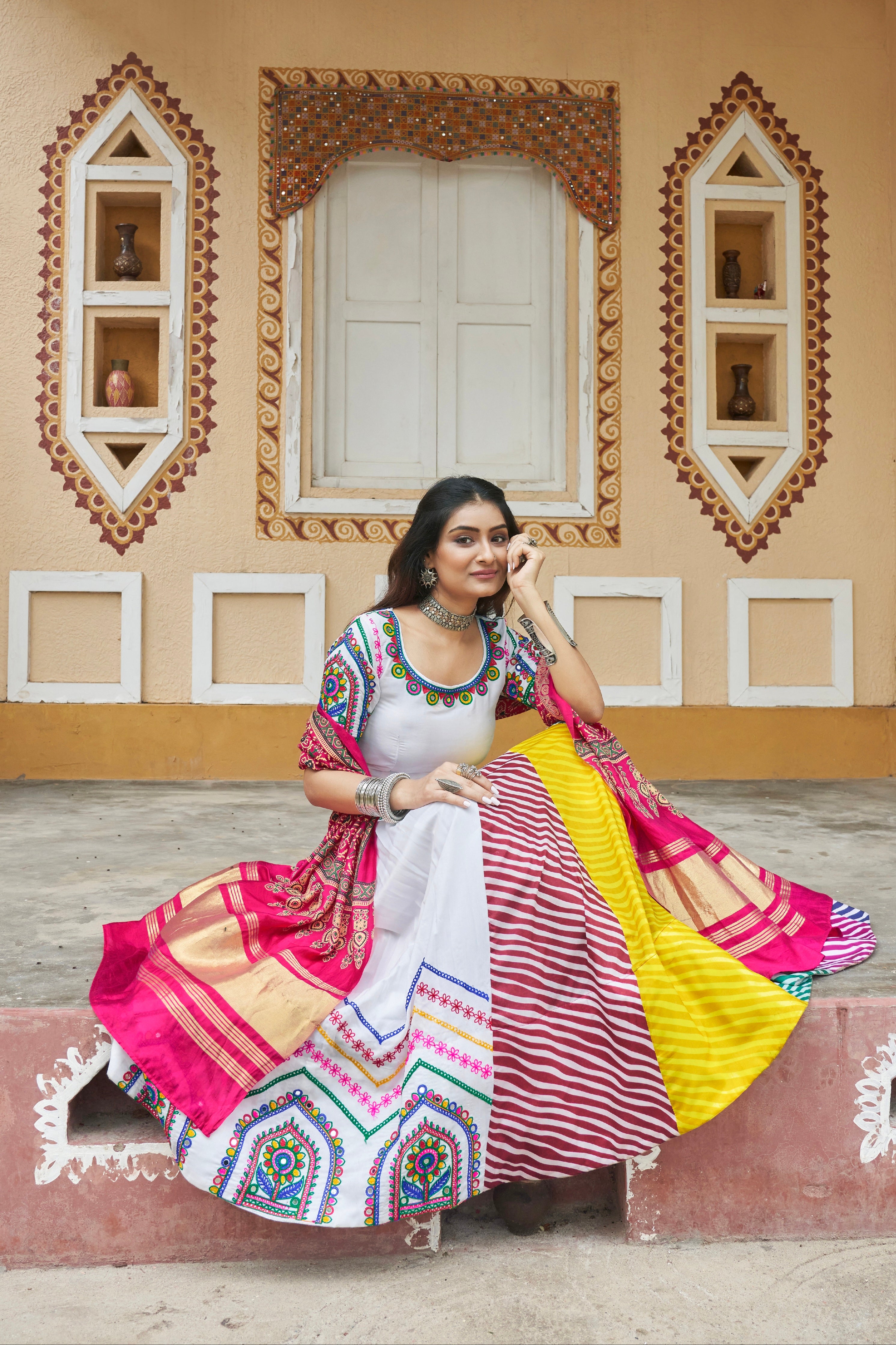 White &amp; Pink Maslin Cotton Chaniya Choli Embroidered &amp; Dupatta for Navratri