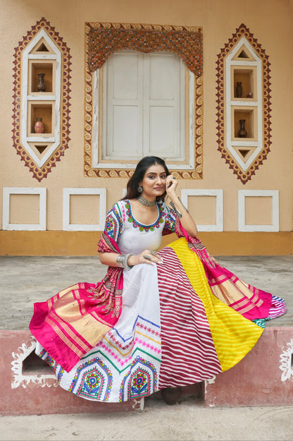 White &amp; Pink Maslin Cotton Chaniya Choli Embroidered &amp; Dupatta for Navratri