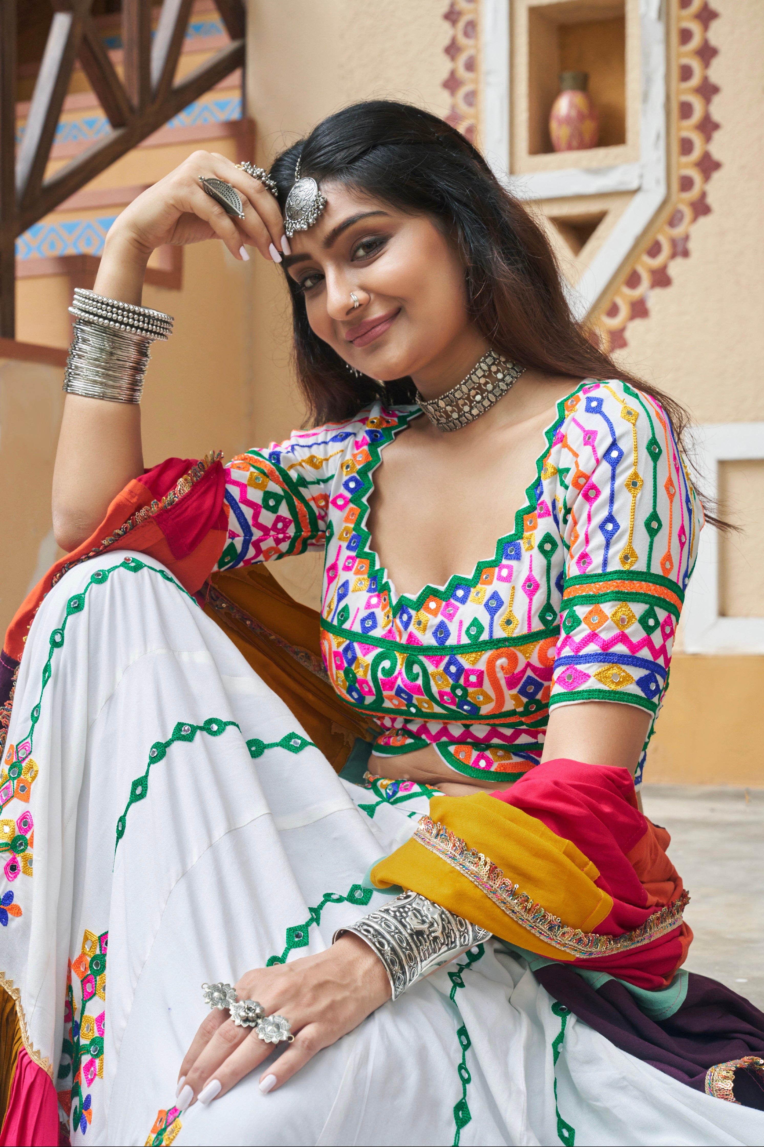 White Multicolor Embroidered Chaniya Choli &amp; Mirror Work for Navratri
