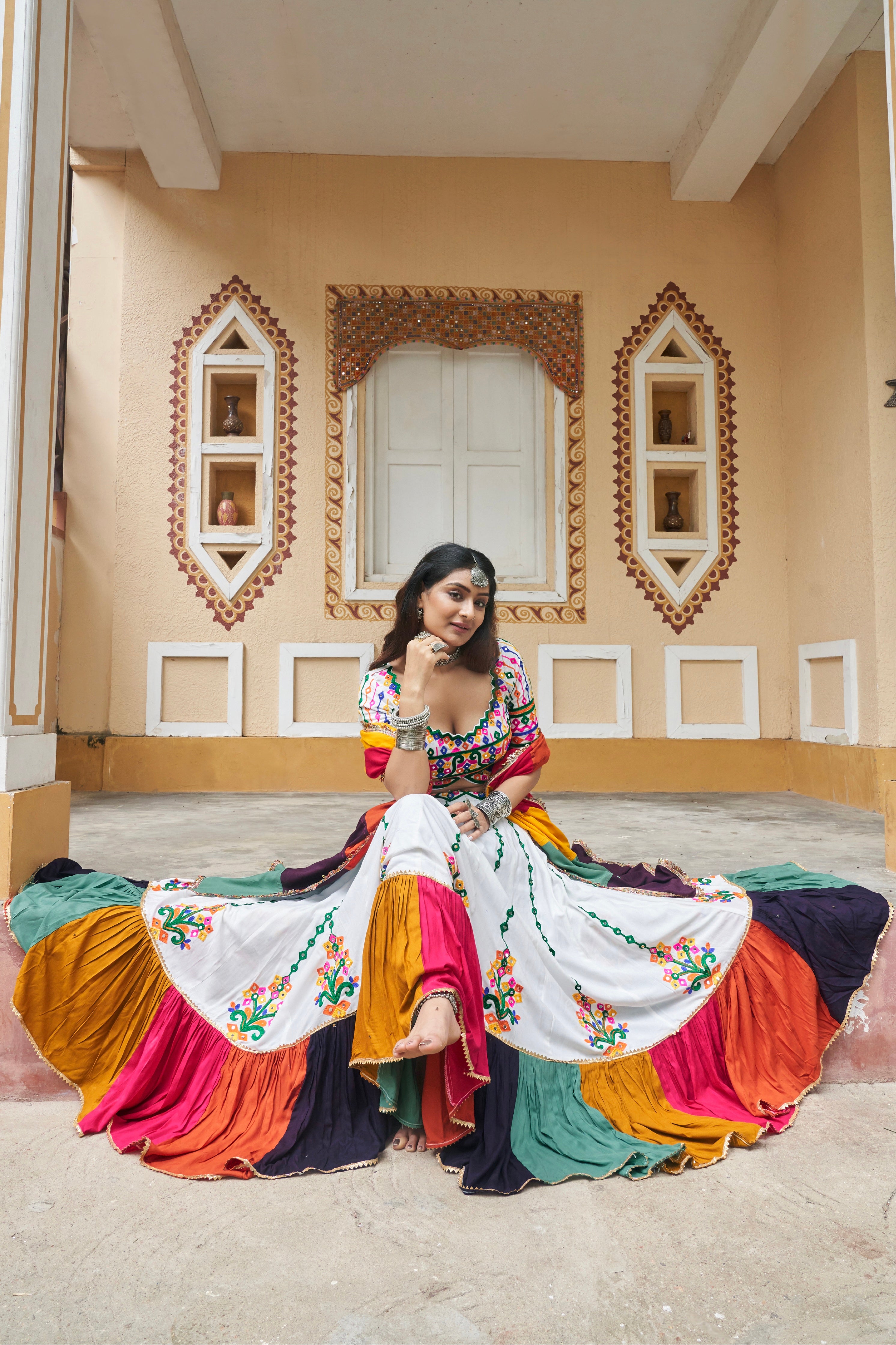 White Multicolor Embroidered Chaniya Choli &amp; Mirror Work for Navratri