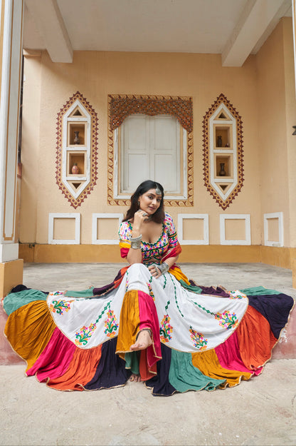 White Multicolor Embroidered Chaniya Choli &amp; Mirror Work for Navratri