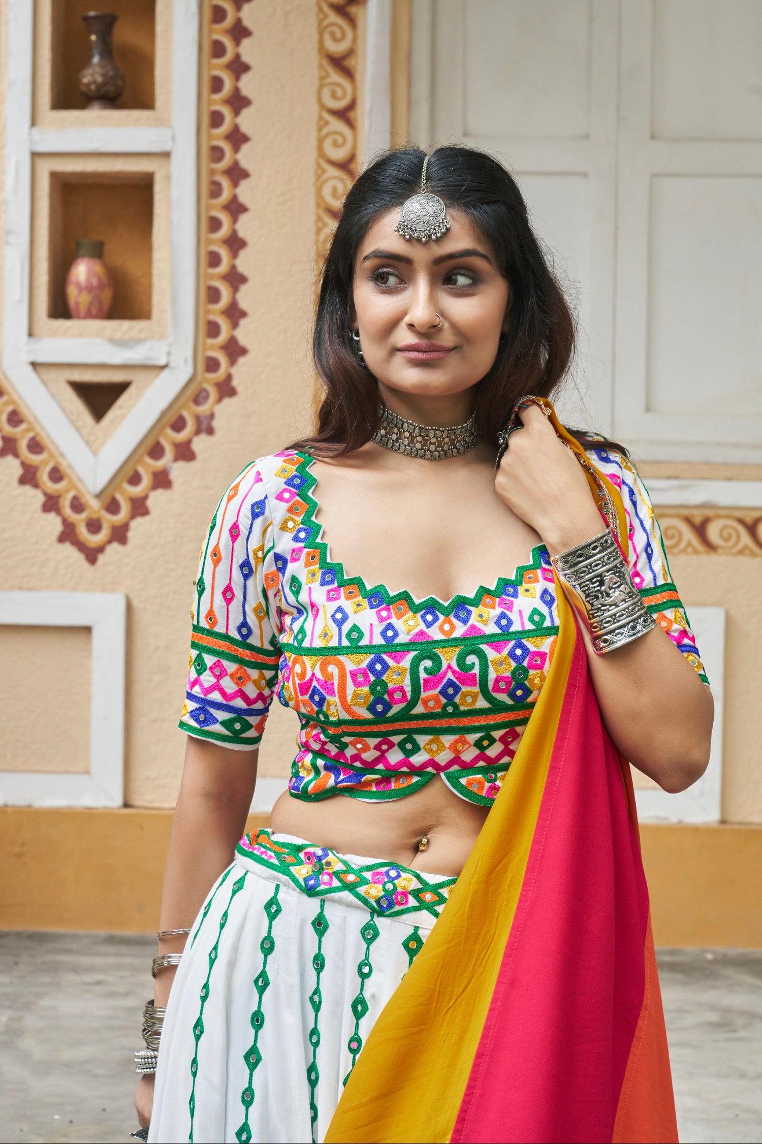White Multicolor Embroidered Chaniya Choli &amp; Mirror Work for Navratri