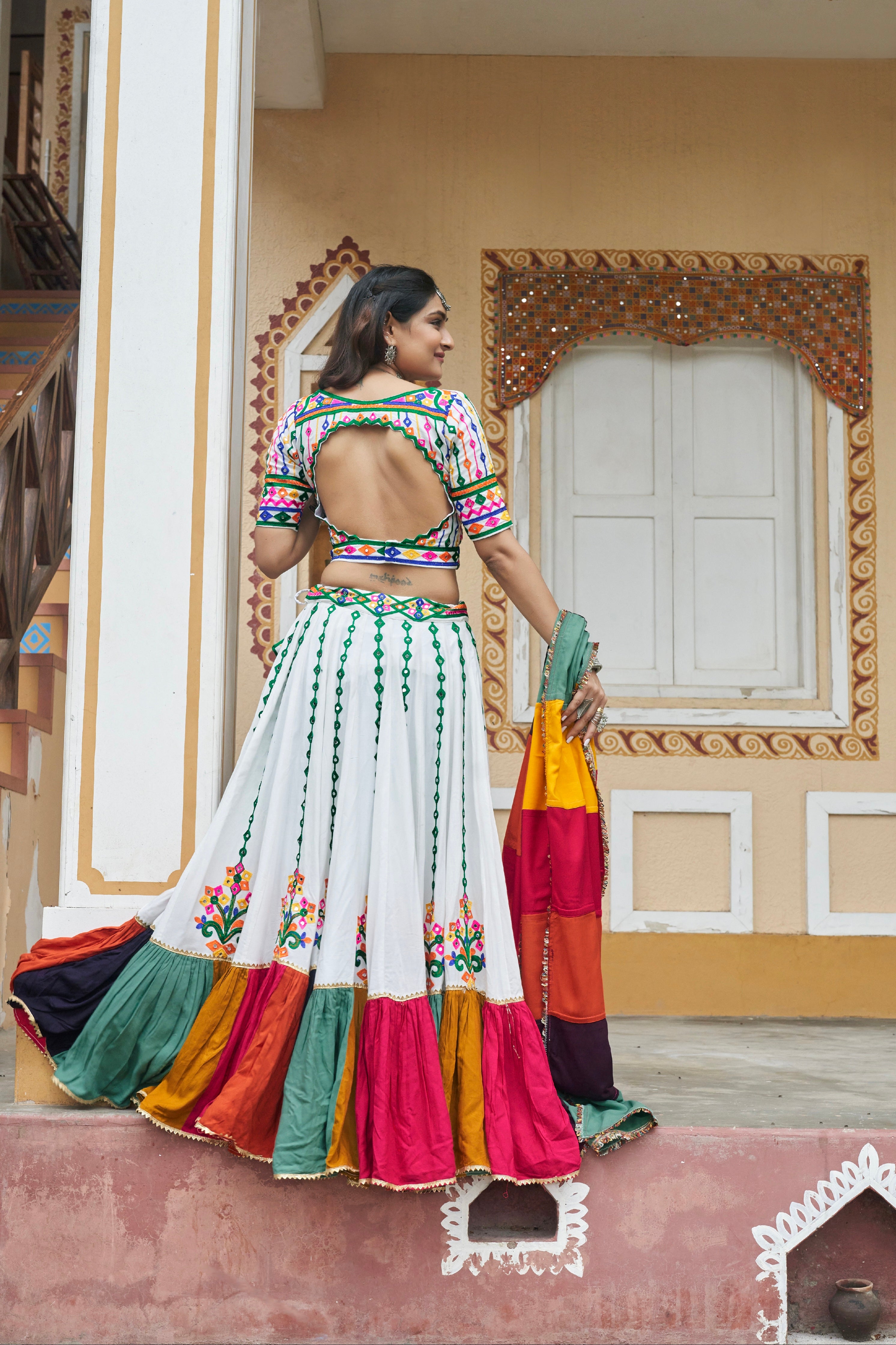 White Multicolor Embroidered Chaniya Choli &amp; Mirror Work for Navratri