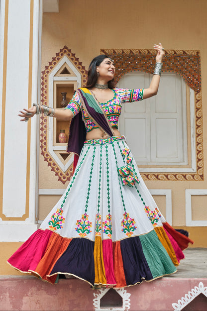 White Multicolor Embroidered Chaniya Choli &amp; Mirror Work for Navratri