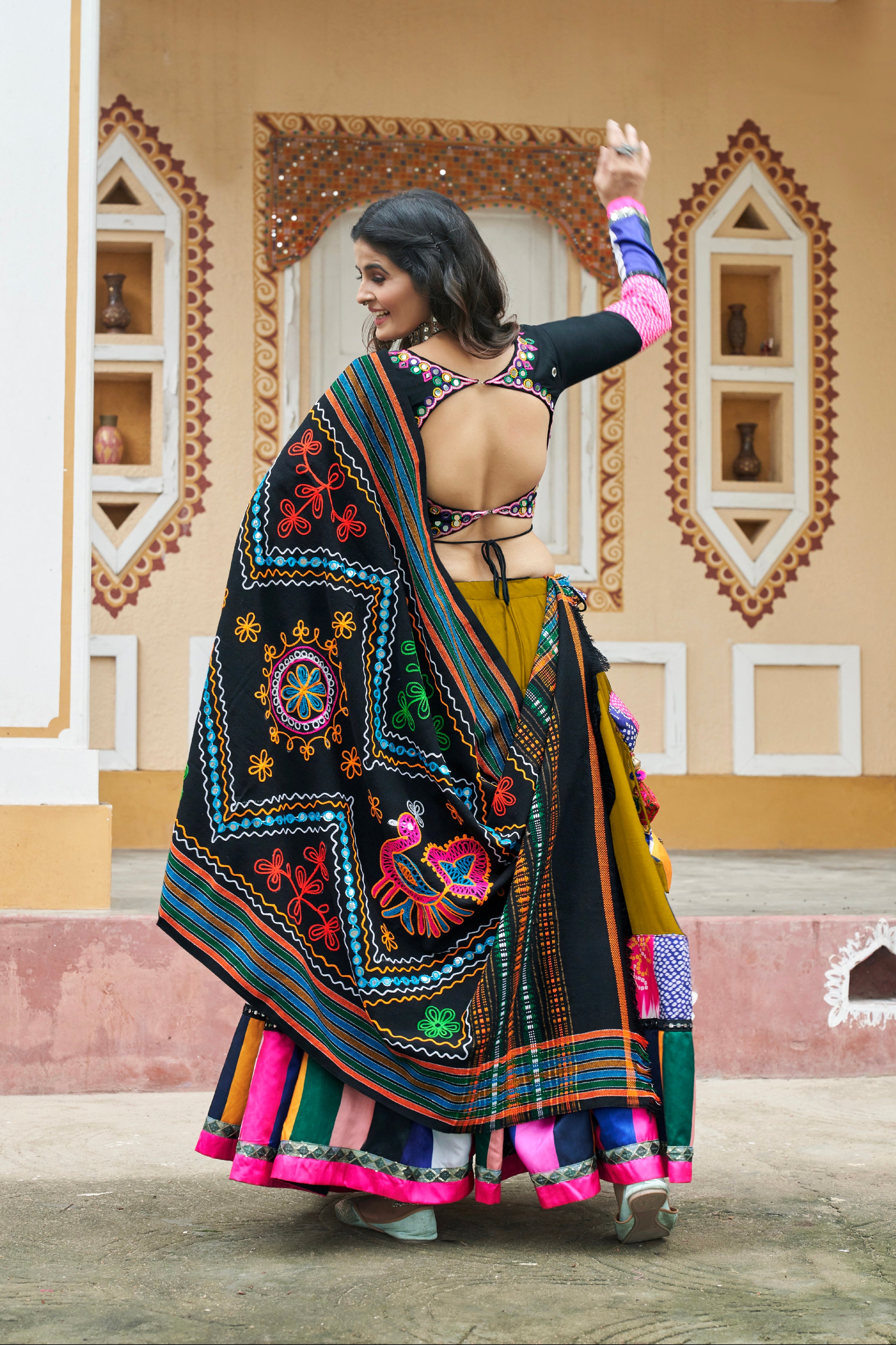 Mustard Yellow Embroidered Chaniya Choli with Mirror Work for Navratri