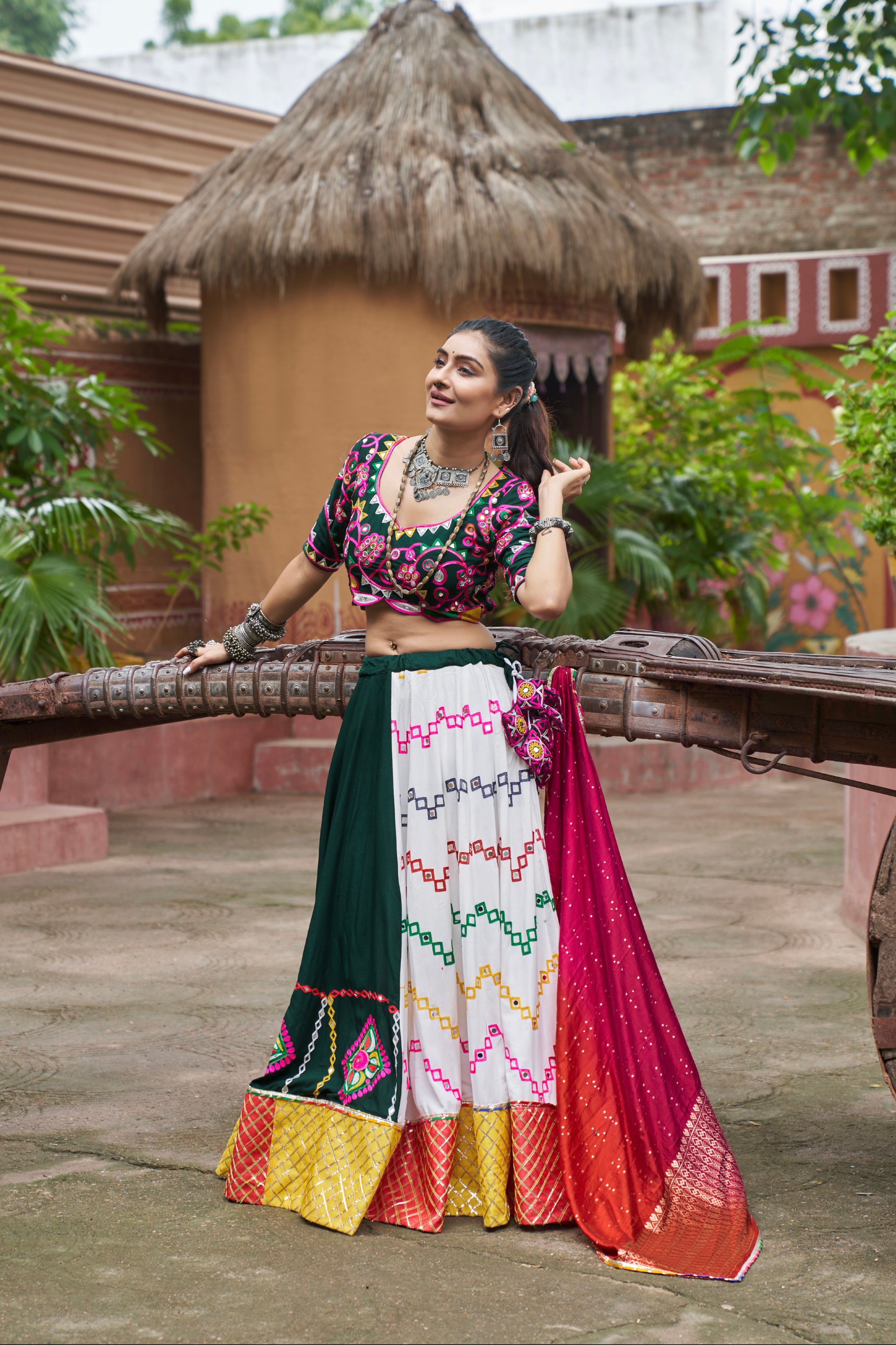 Multi Color Chaniya Choli with Embroidered Mirror Work &amp; Dupatta for Navratri