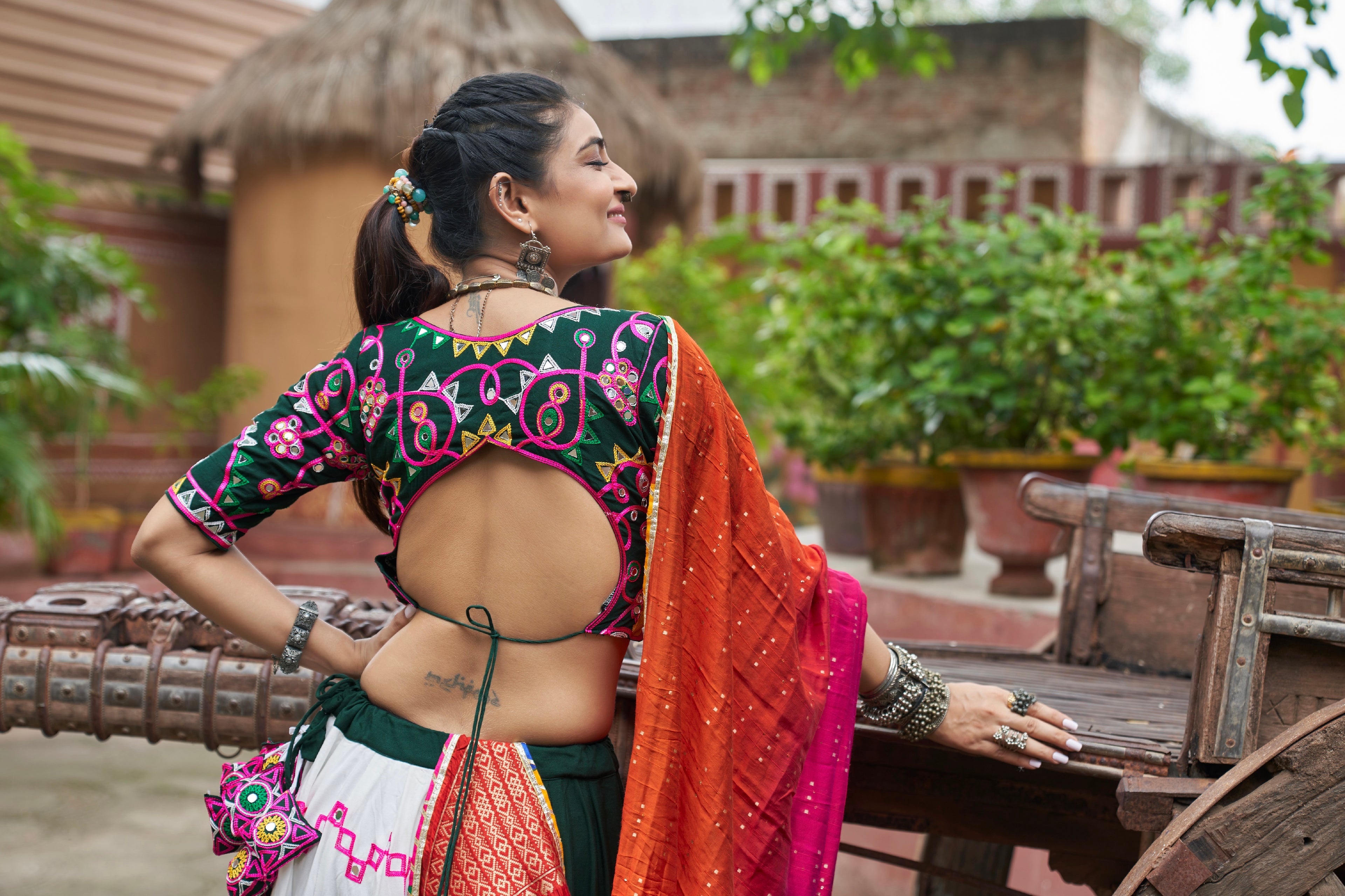 Multi Color Chaniya Choli with Embroidered Mirror Work &amp; Dupatta for Navratri