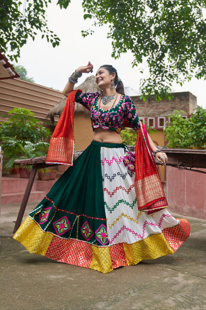 Multi Color Chaniya Choli with Embroidered Mirror Work &amp; Dupatta for Navratri