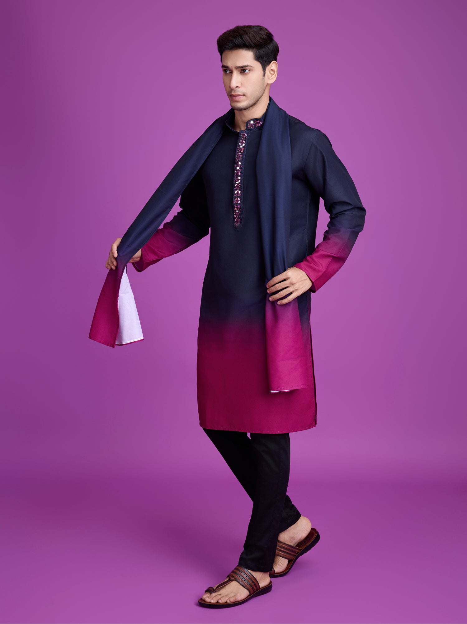 Navy Blue &amp; Rani Kurta Dupatta Set with Hand Mirror Work
