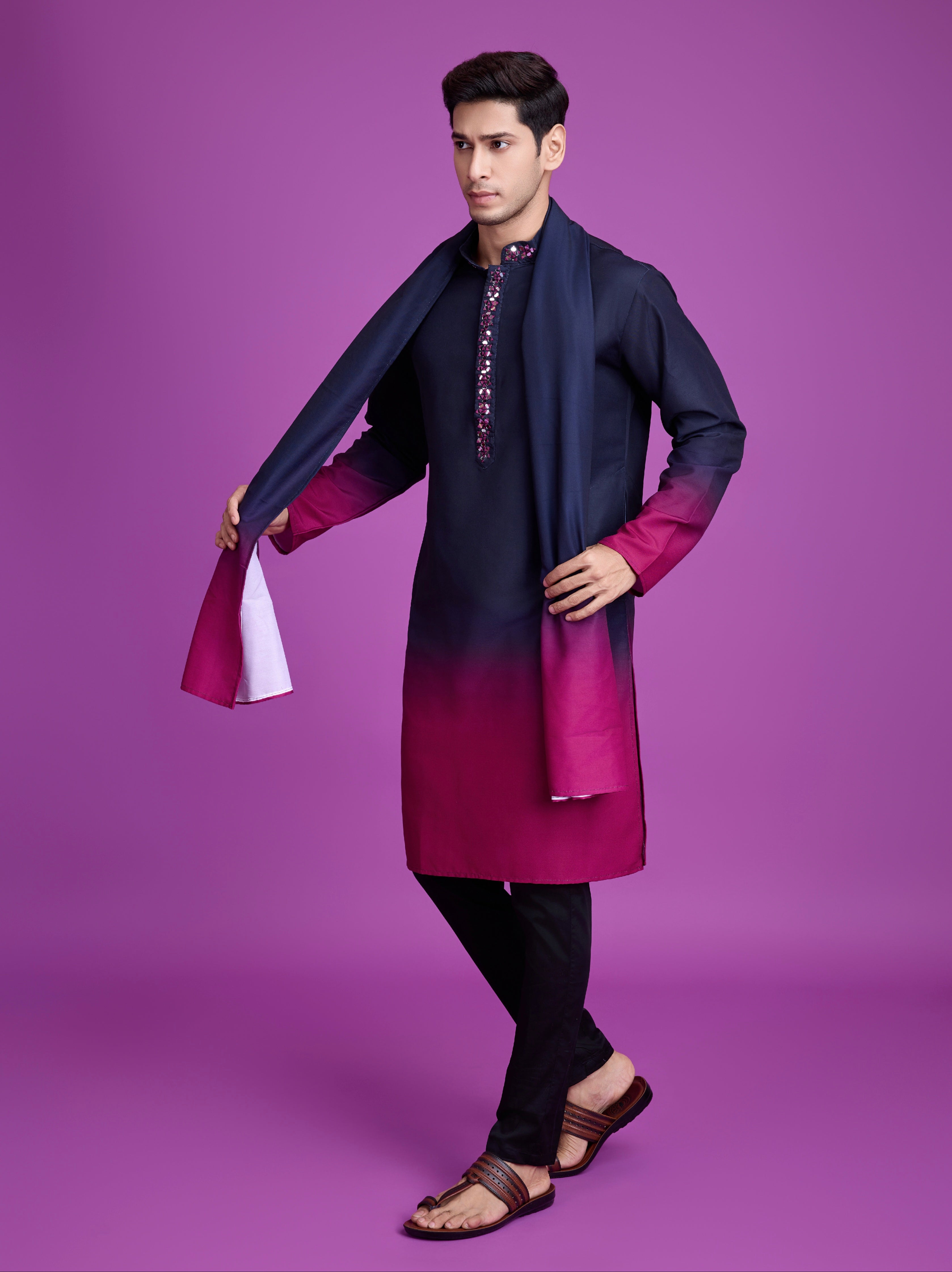 Navy Blue &amp; Rani Kurta Dupatta Set with Hand Mirror Work
