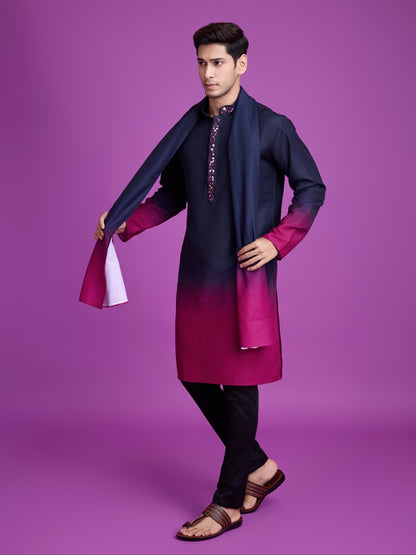 Navy Blue &amp; Rani Kurta Dupatta Set with Hand Mirror Work