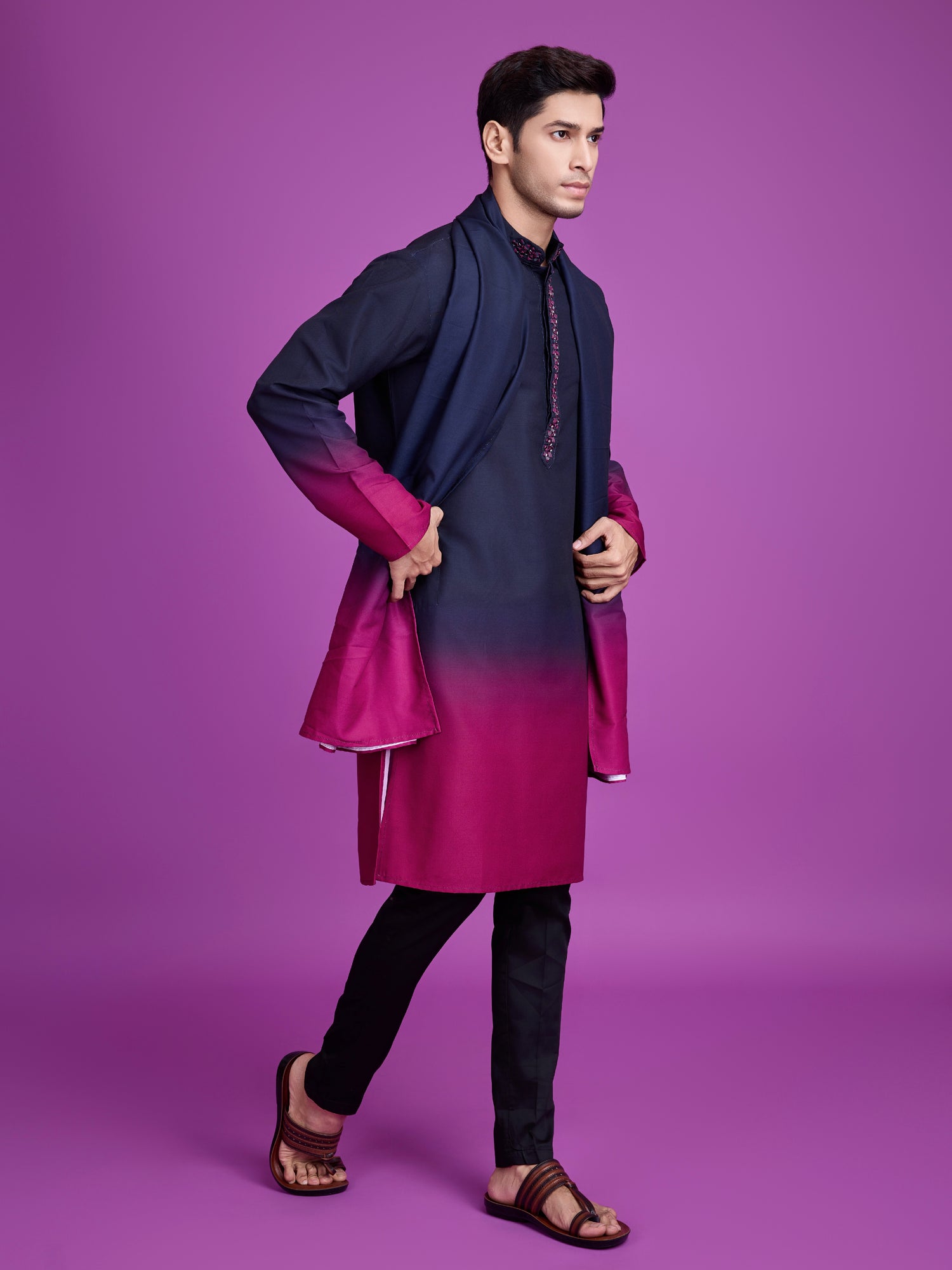 Navy Blue &amp; Rani Kurta Dupatta Set with Hand Mirror Work