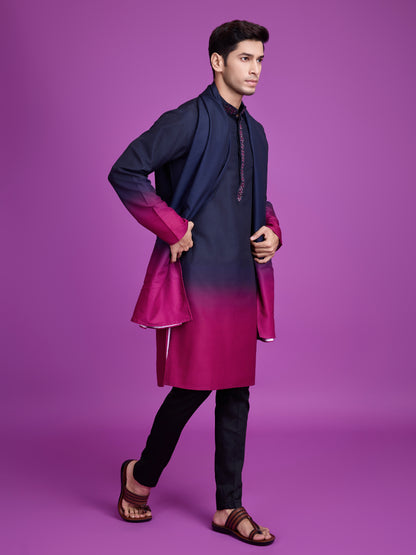 Navy Blue &amp; Rani Kurta Dupatta Set with Hand Mirror Work