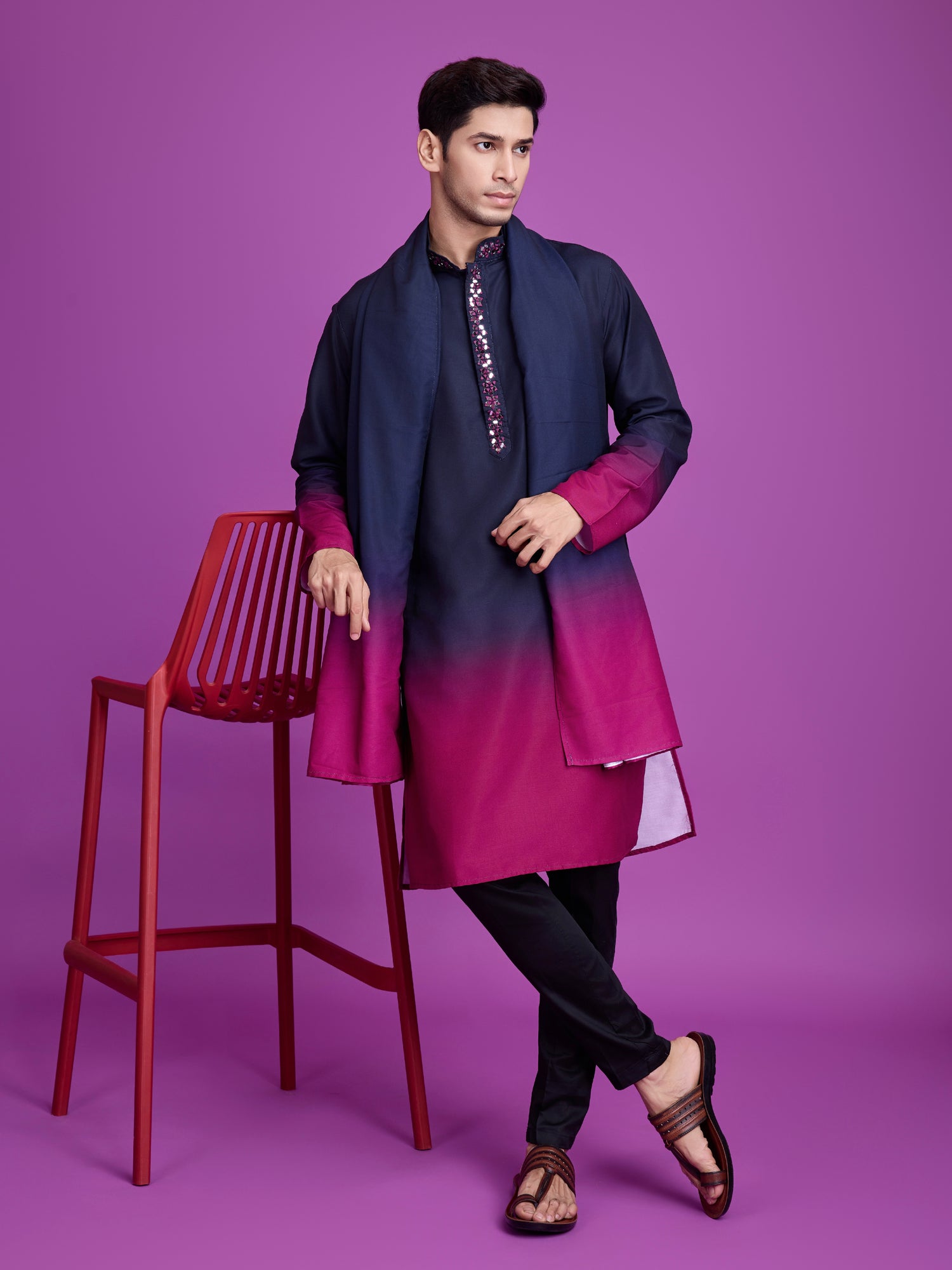 Navy Blue &amp; Rani Kurta Dupatta Set with Hand Mirror Work