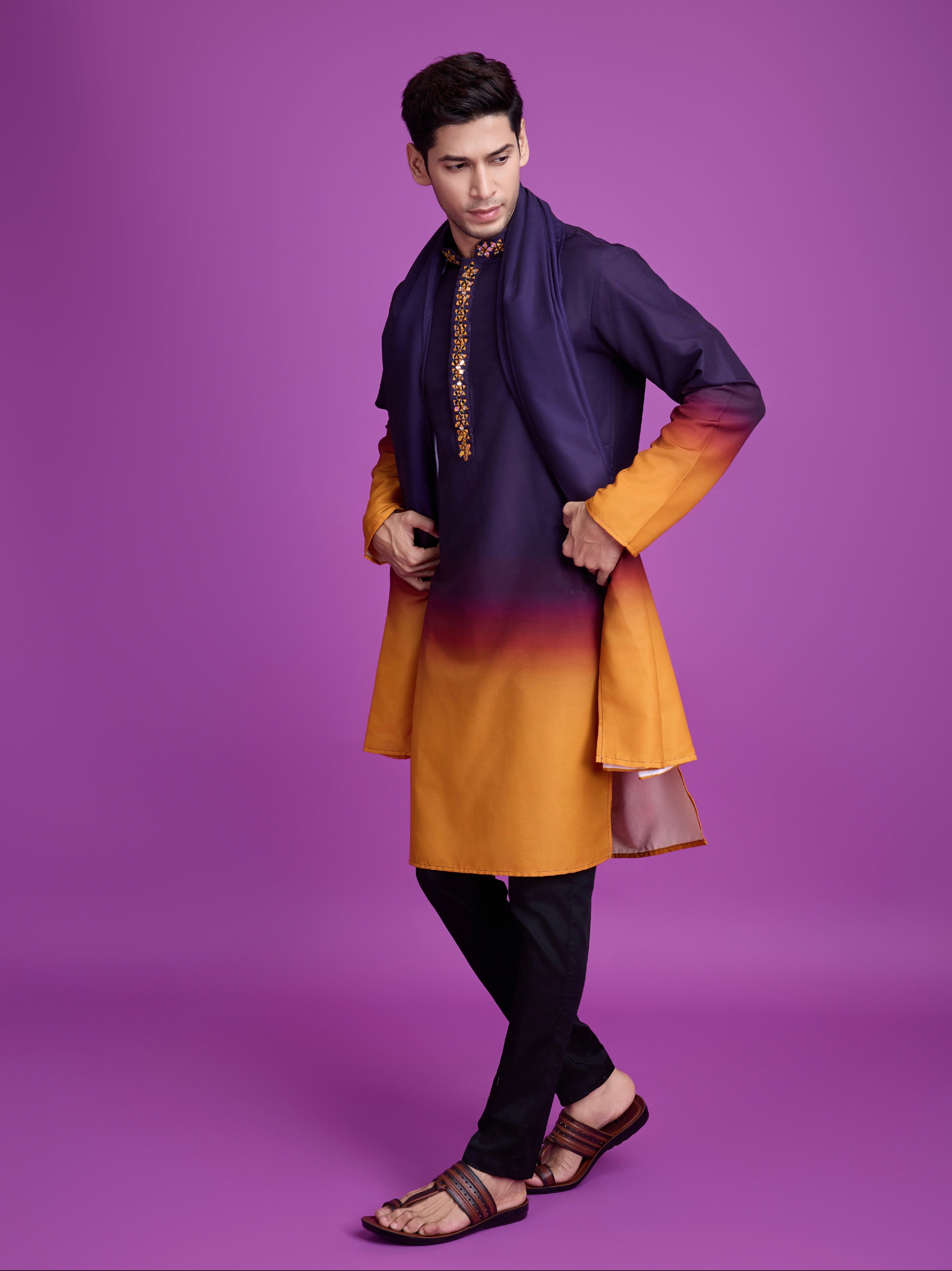 Purple &amp; Mustard Kurta Dupatta Set with Hand Mirror Work