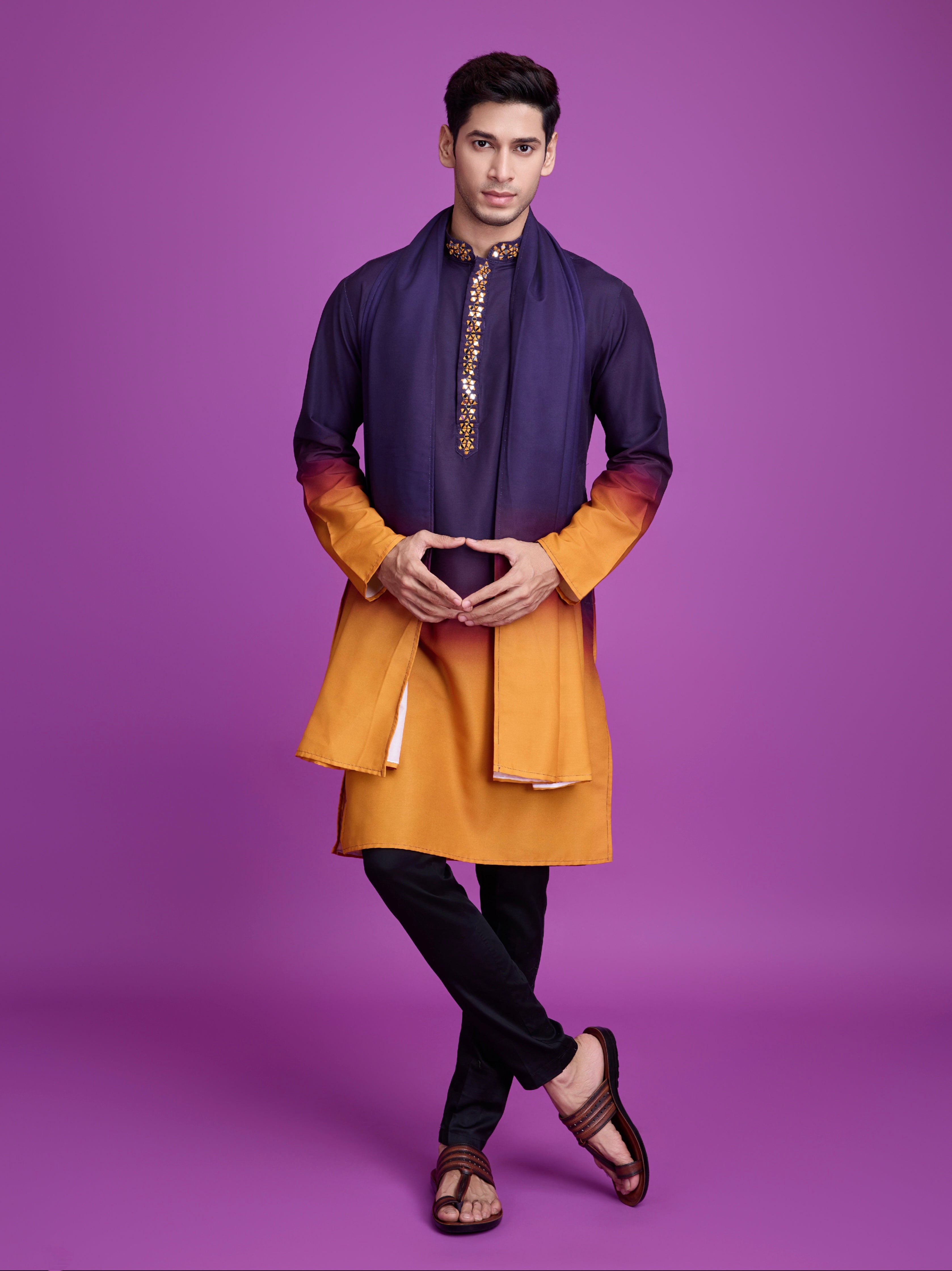 Purple &amp; Mustard Kurta Dupatta Set with Hand Mirror Work