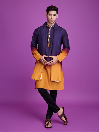Purple &amp; Mustard Kurta Dupatta Set with Hand Mirror Work