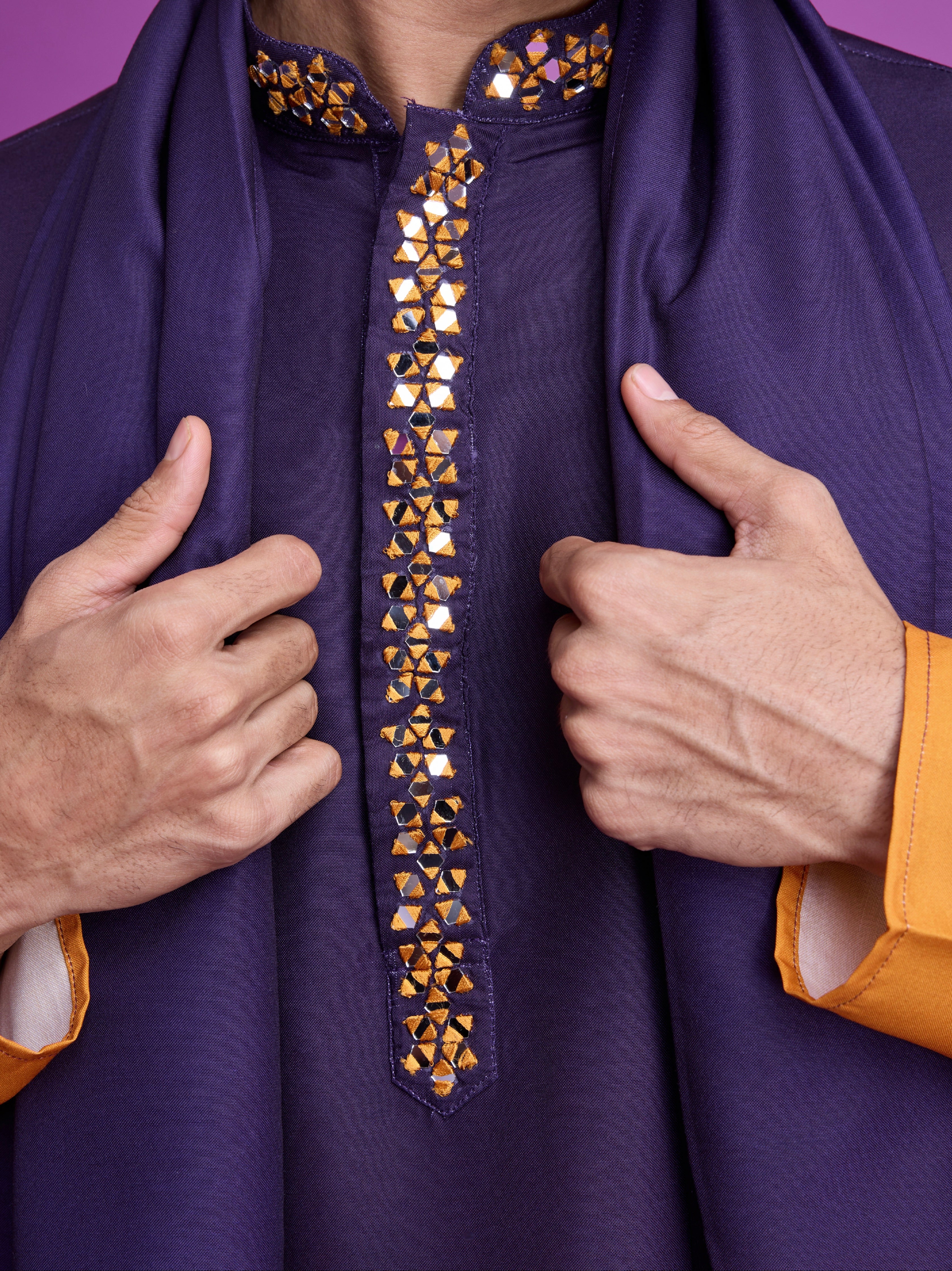 Purple &amp; Mustard Kurta Dupatta Set with Hand Mirror Work