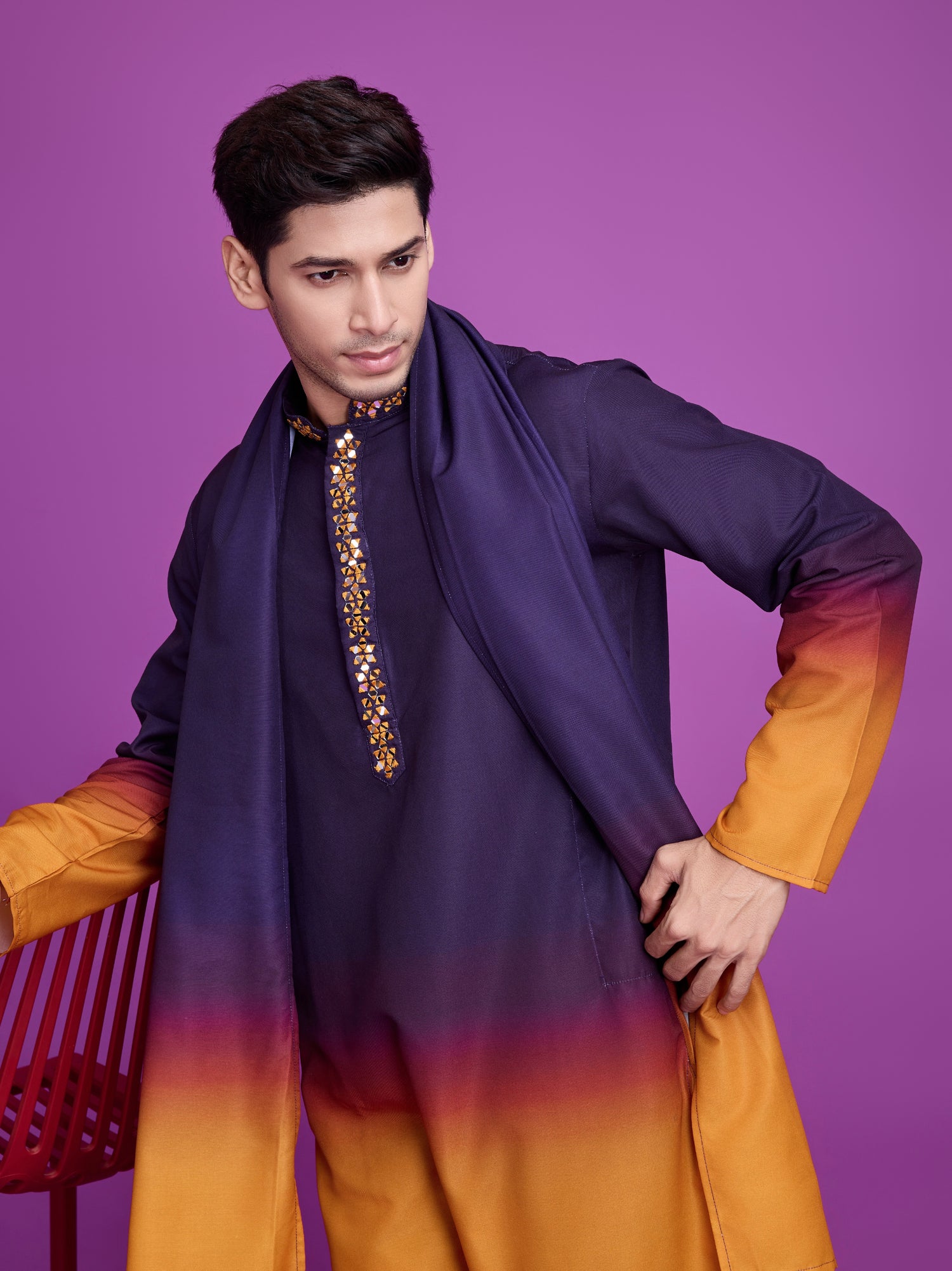 Purple &amp; Mustard Kurta Dupatta Set with Hand Mirror Work
