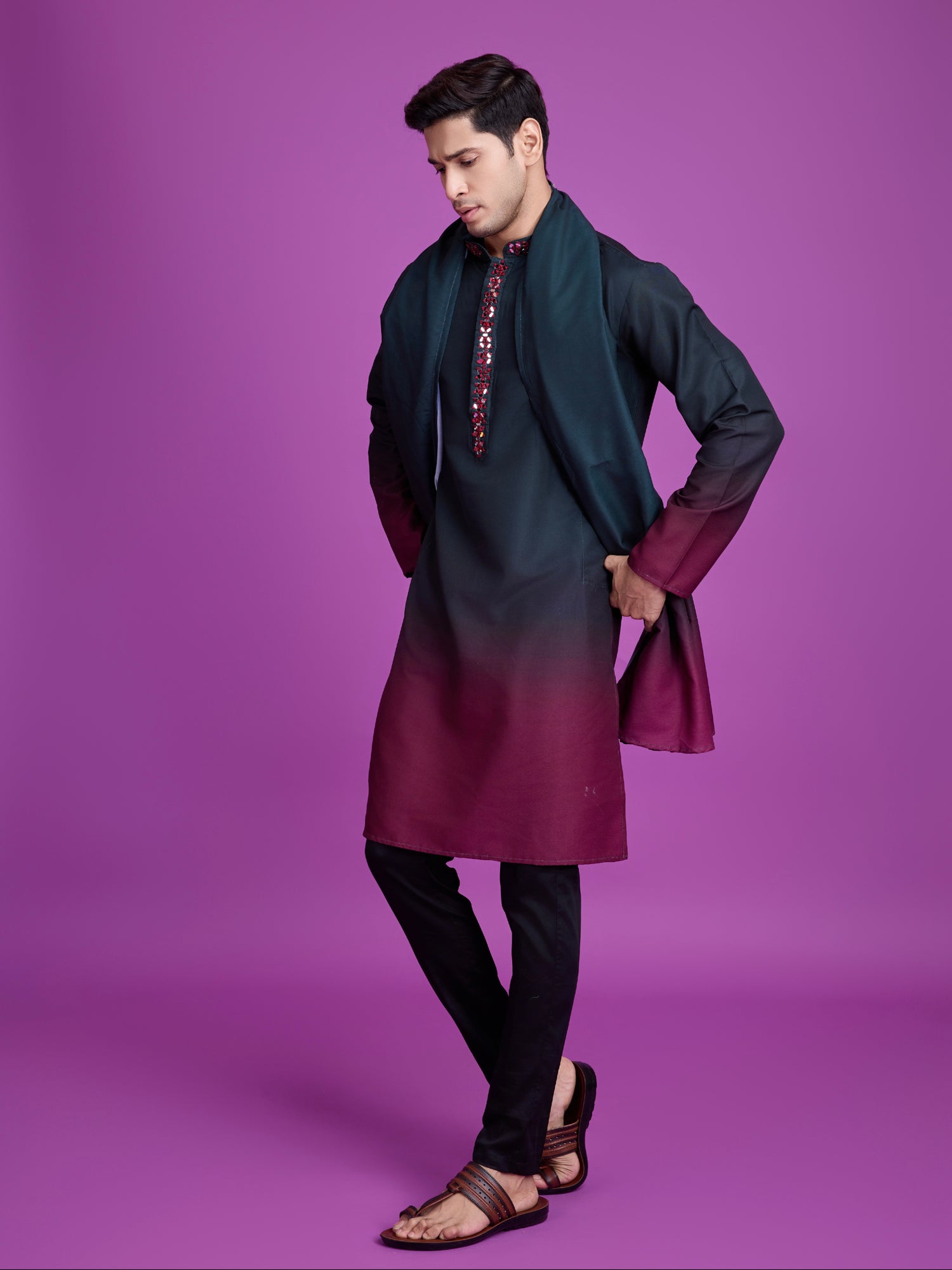 Green &amp; Maroon Kurta Dupatta Set with Hand Mirror Work