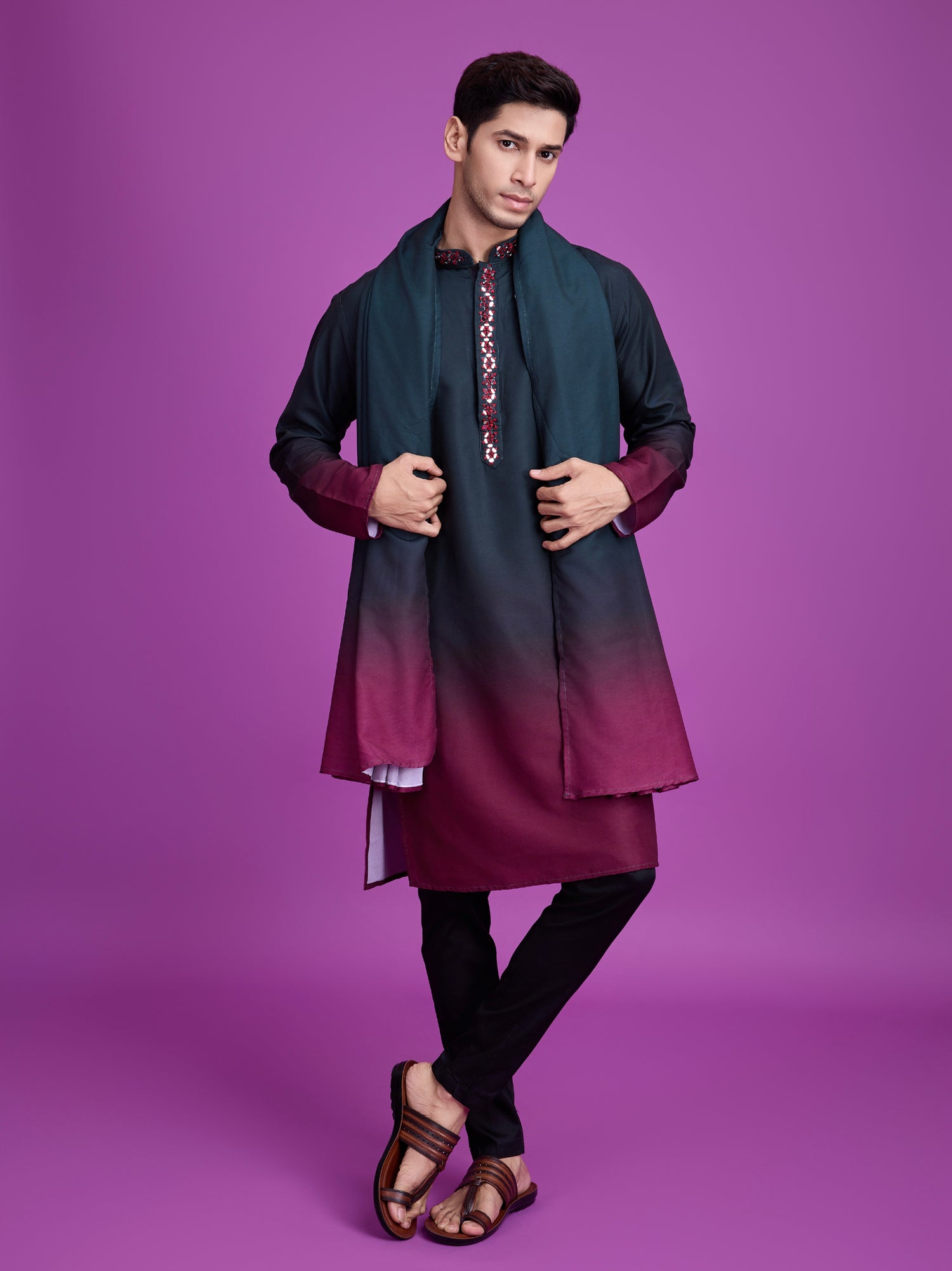 Green &amp; Maroon Kurta Dupatta Set with Hand Mirror Work
