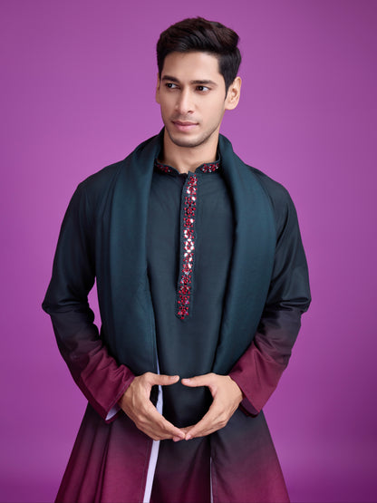 Green &amp; Maroon Kurta Dupatta Set with Hand Mirror Work