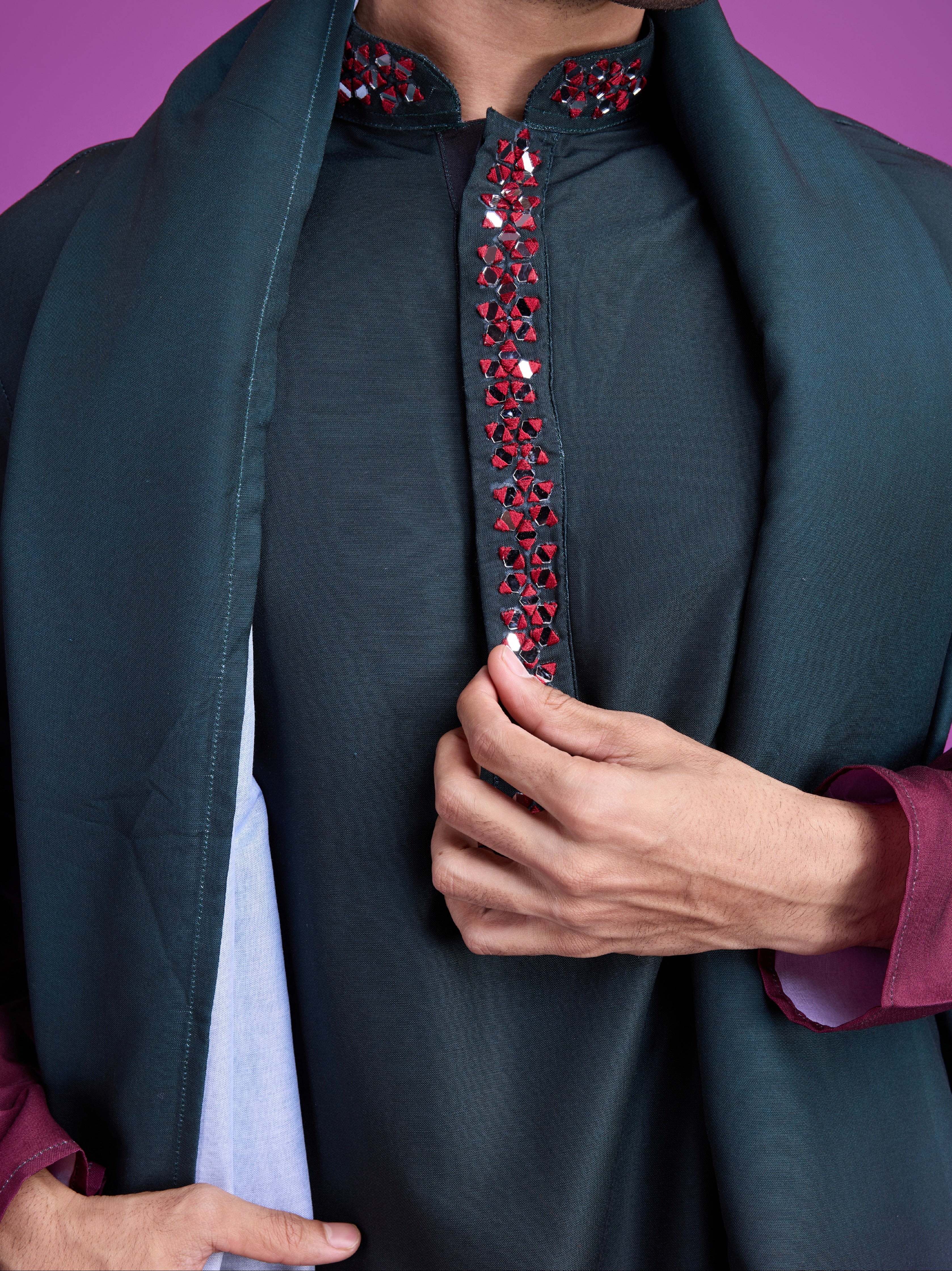 Green &amp; Maroon Kurta Dupatta Set with Hand Mirror Work