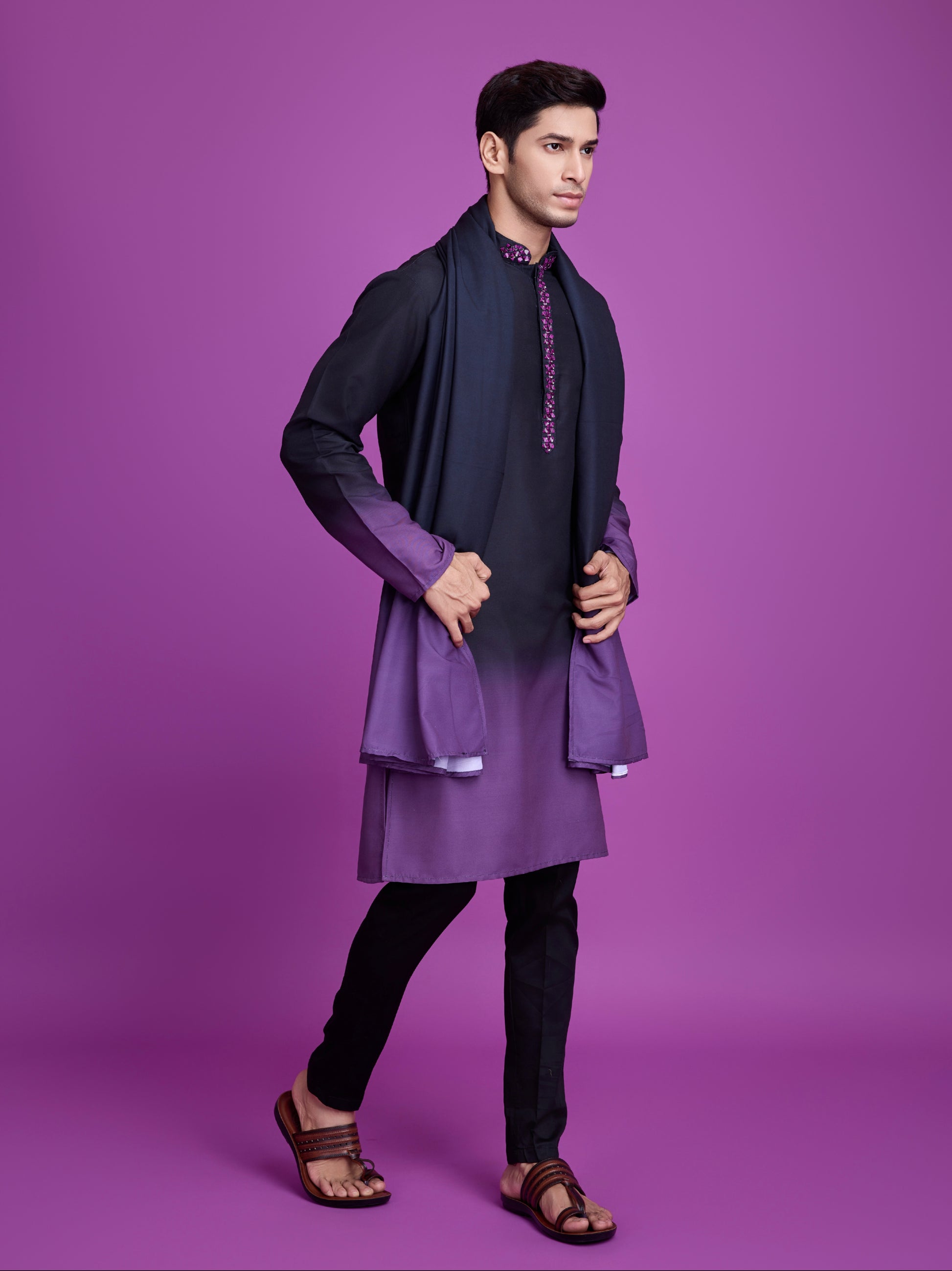 Black & Dusty Purple Kurta Dupatta Set with Hand Mirror Work