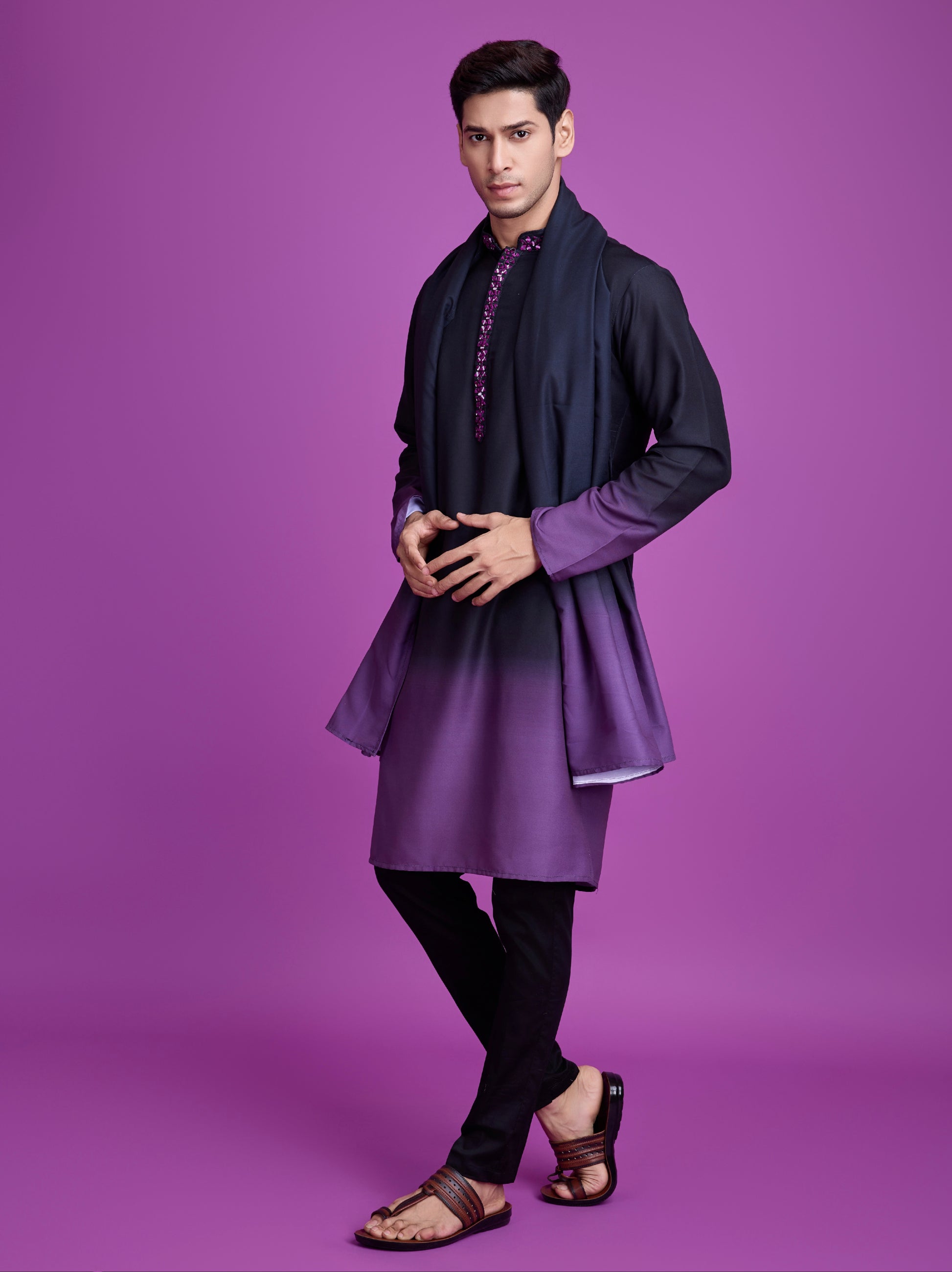 Black & Dusty Purple Kurta Dupatta Set with Hand Mirror Work
