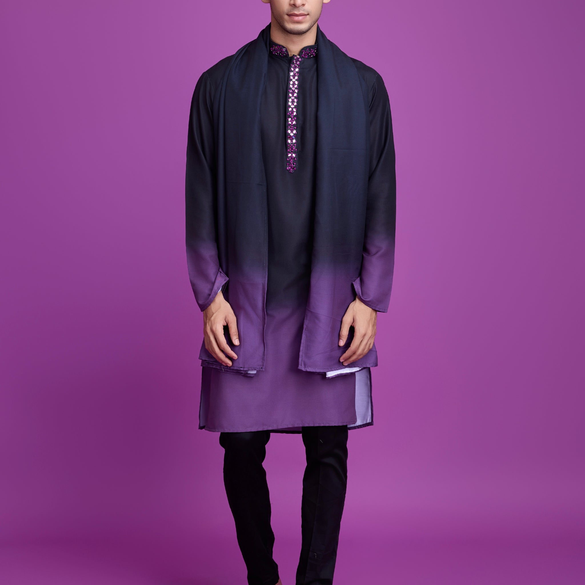 Black & Dusty Purple Kurta Dupatta Set with Hand Mirror Work