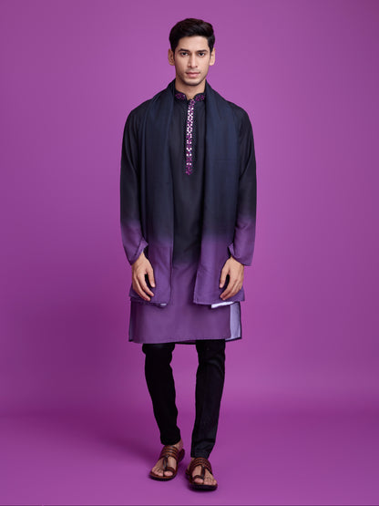 Black &amp; Dusty Purple Kurta Dupatta Set with Hand Mirror Work