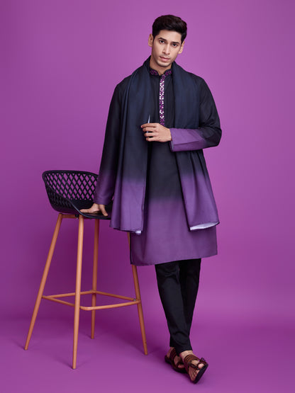 Black &amp; Dusty Purple Kurta Dupatta Set with Hand Mirror Work
